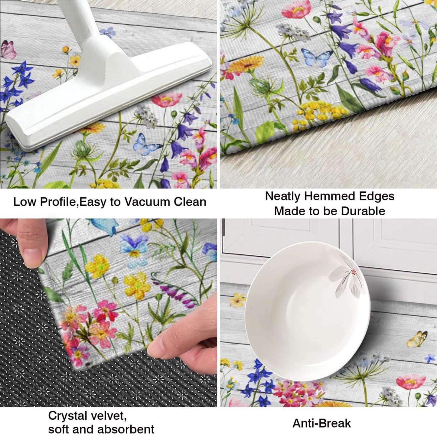 Twyt decor Spring Kitchen Rug Set of 2,Non-Slip Washable Kitchen Mats,Wood Grain Floral Kitchen Mats,Spring and Summer Holiday Decorations for Home Kitchen,17x30+17x47 Inch