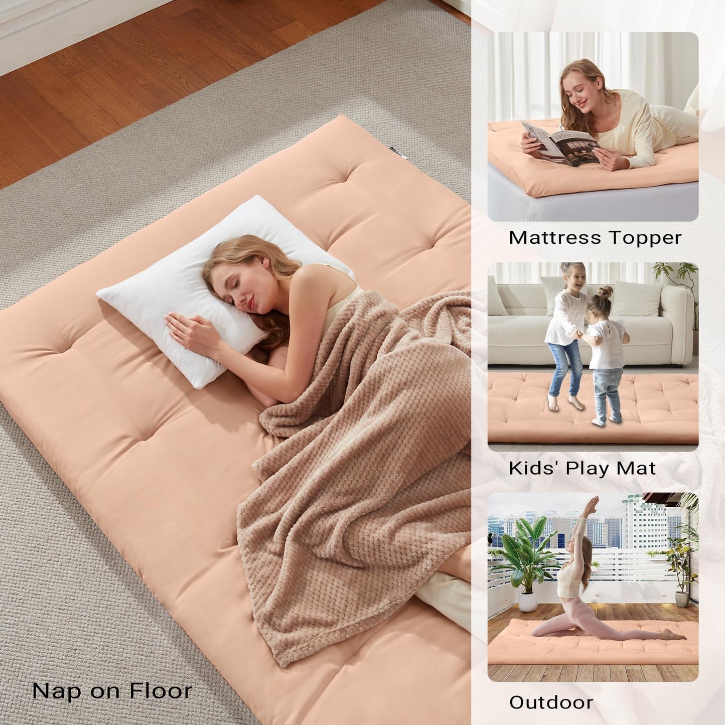 Mollydot Japanese Floor Futon Mattress Queen Size 60"x 80", Foldable Bed Mattress, Portable Tatami Mat Sleeping Pad, Folding Futon Cushion, Roll Up Floor Lounger for Guest Room Dormitory (Khaki)