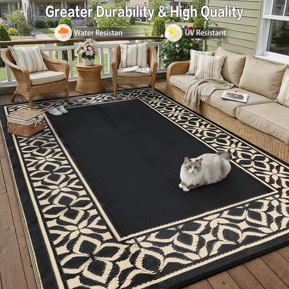 PureCozy Outdoor Plastic Straw Rug Black Beige Large Outside Waterproof Outdoor Patio 9x12 Carpet Geometric Reversible Mat Modern for Camping RV Porch Deck Balcony Beach