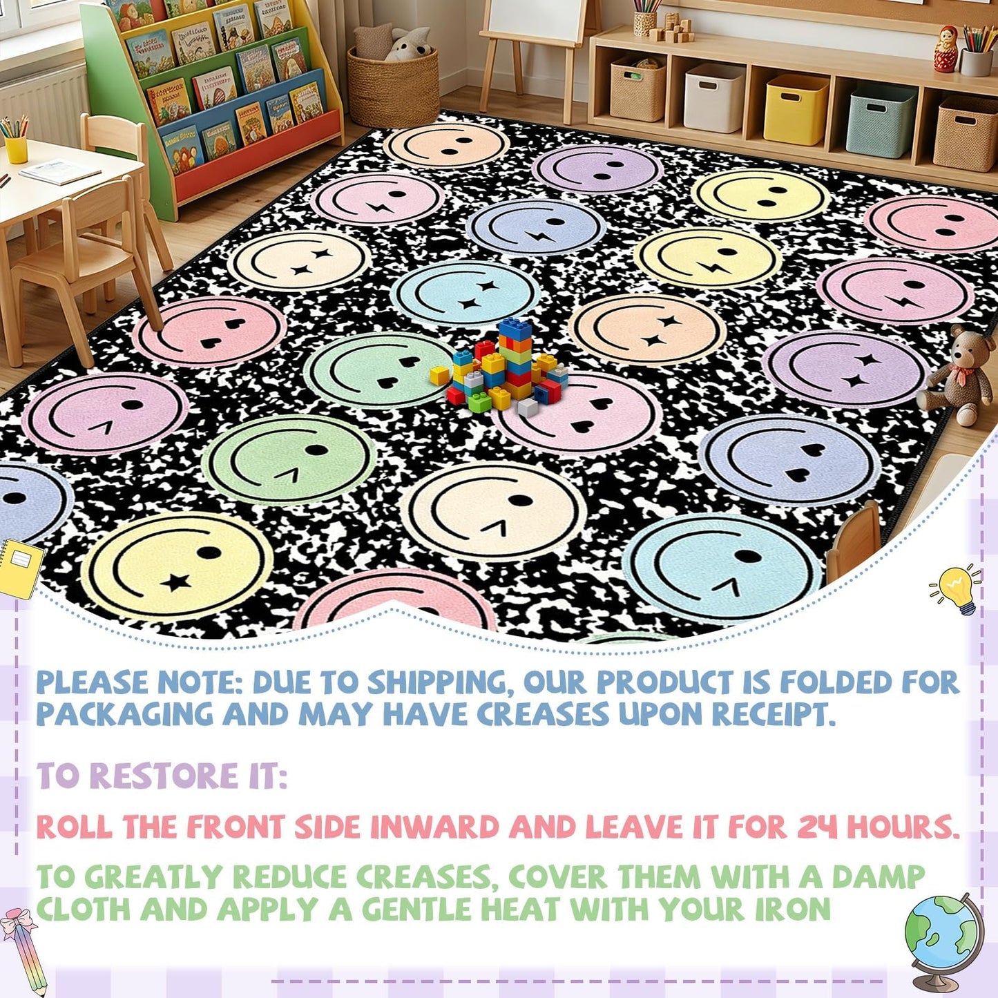 7.6x12 ft Large Smile Face Classroom Rug Happy Face Educational Area Mat Composition Notebook Play Carpet Back to School Learning Mat for Preschool Playroom Nursery Kindergarten(Black and White)