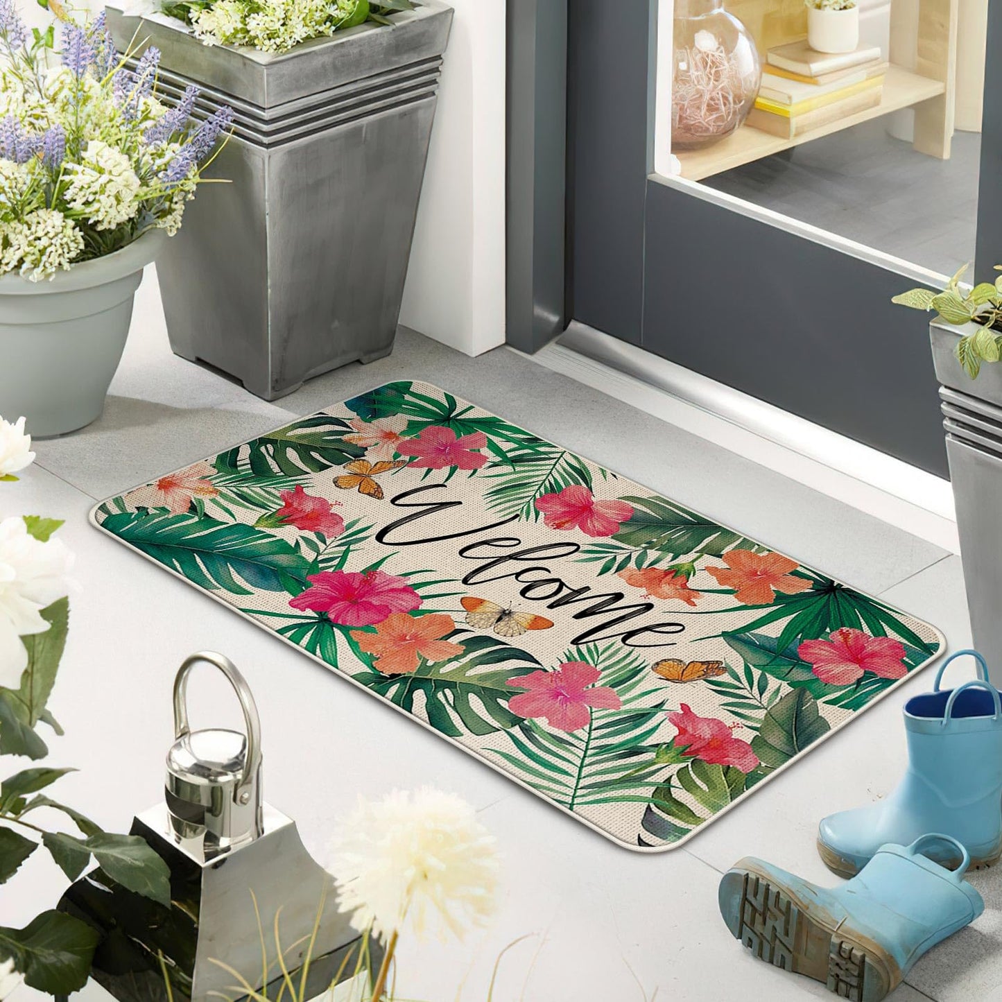 Livcoz Welcome Spring Summer Tropical Plants Kitchen Rugs Set of 2, Hibiscus Flower Palm Leaves Butterfly Floor Mats Home Decor, Floral Botanical Door Mat Decorations - 17x29 and 17x47 Inches