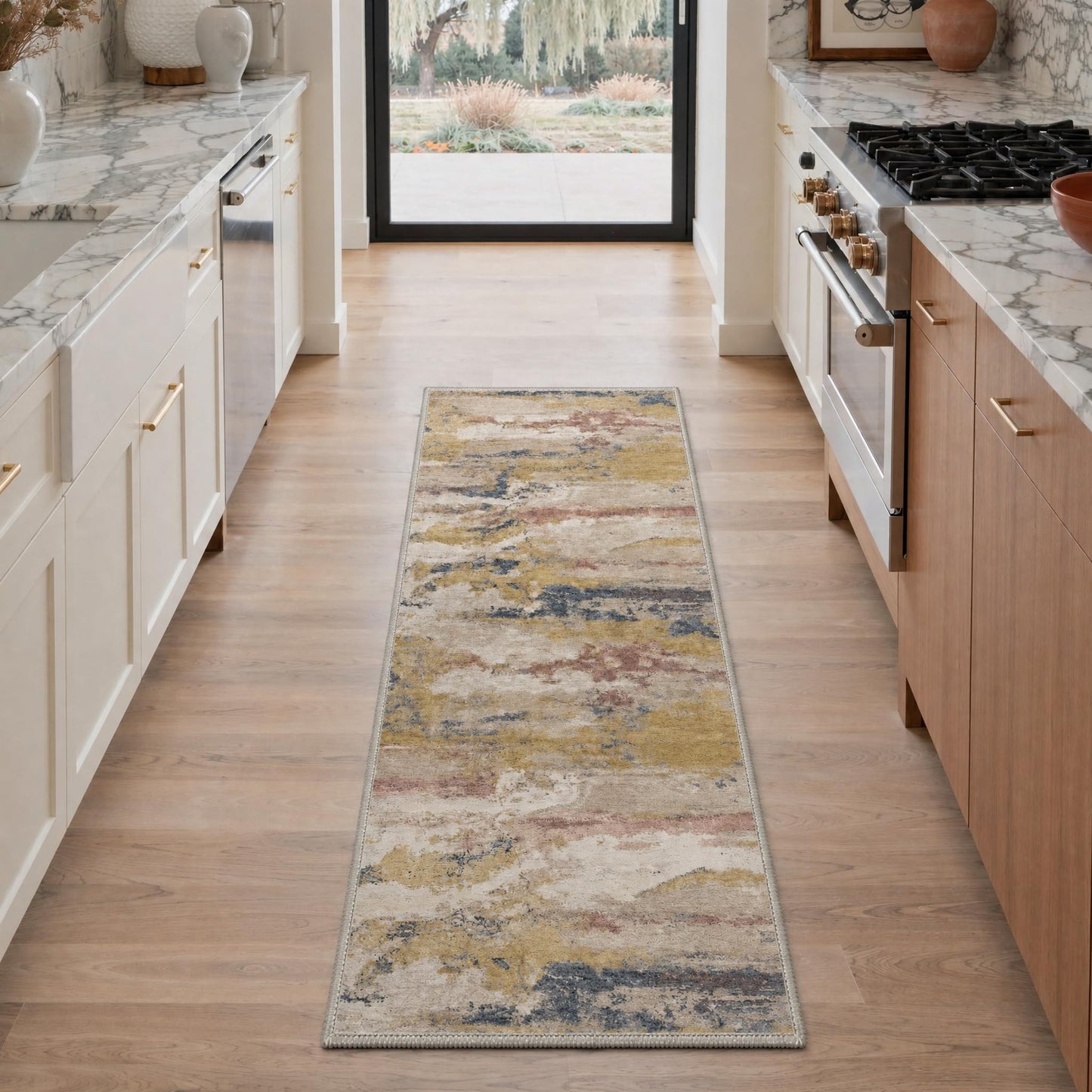 BEIMO 5X7 Area Rugs for Living Room Bedroom, Modern Abstract Machine Washable Rug, Abstract Painting Low Pile Non Slip Soft Stain Resistant Carpet for Dining Room,Laundry Room, Muted Gold