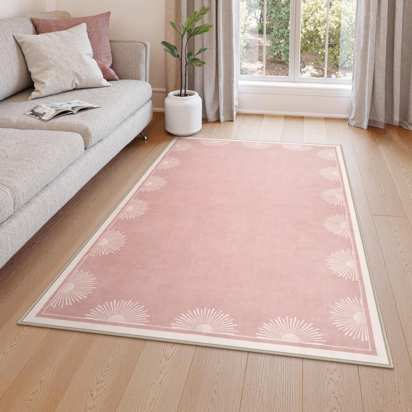 Hedlive Modern 3x5 Pink Rugs for Bedroom Girls,Ultra Thin Nursery Rug for Girls Room, Sun Printed Non Slip Washable Area Rug,Soft Non Shedding Throw Carpet for Playroom Classroom(3'x5',Pink)