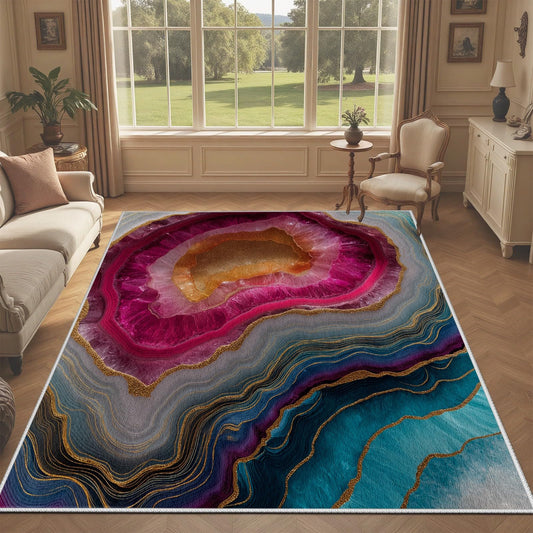 Abstract Agate Marble Area Rug, 3x4ft, Pink and Blue Geode Rug, Modern Luxury Gemstone Rugs, Low Pile Non-Slip Soft Washable Floor Mat Carpet for Living Room, Home Decor