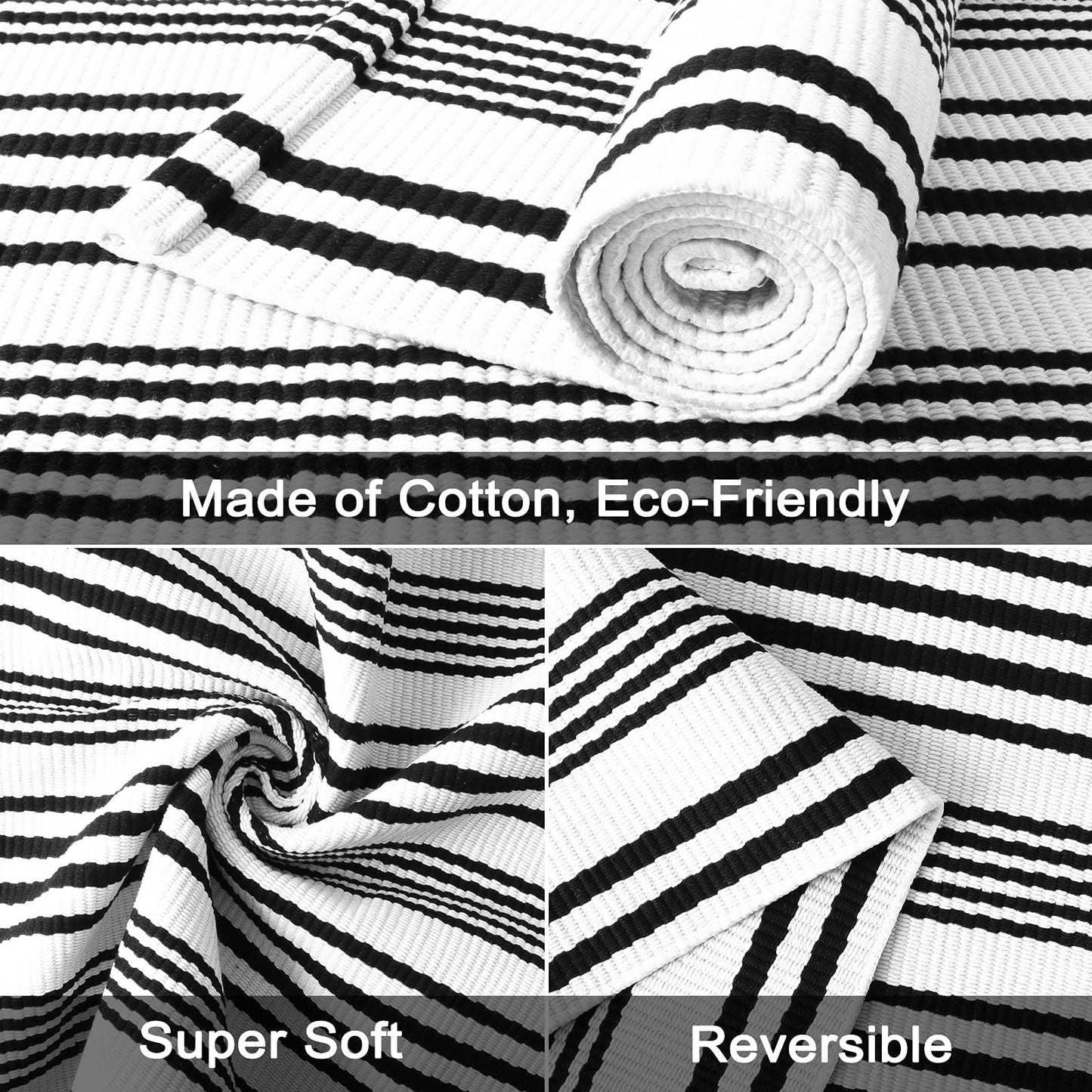 Black and White Striped Outdoor Rug, 2’ x 4.3’ Cotton Hand-Woven Reversible Front Porch Rug Washable Front Door Mat Entryway Rugs Welcome Layered Doormat Carpet for Patio Farmhouse Kitchen