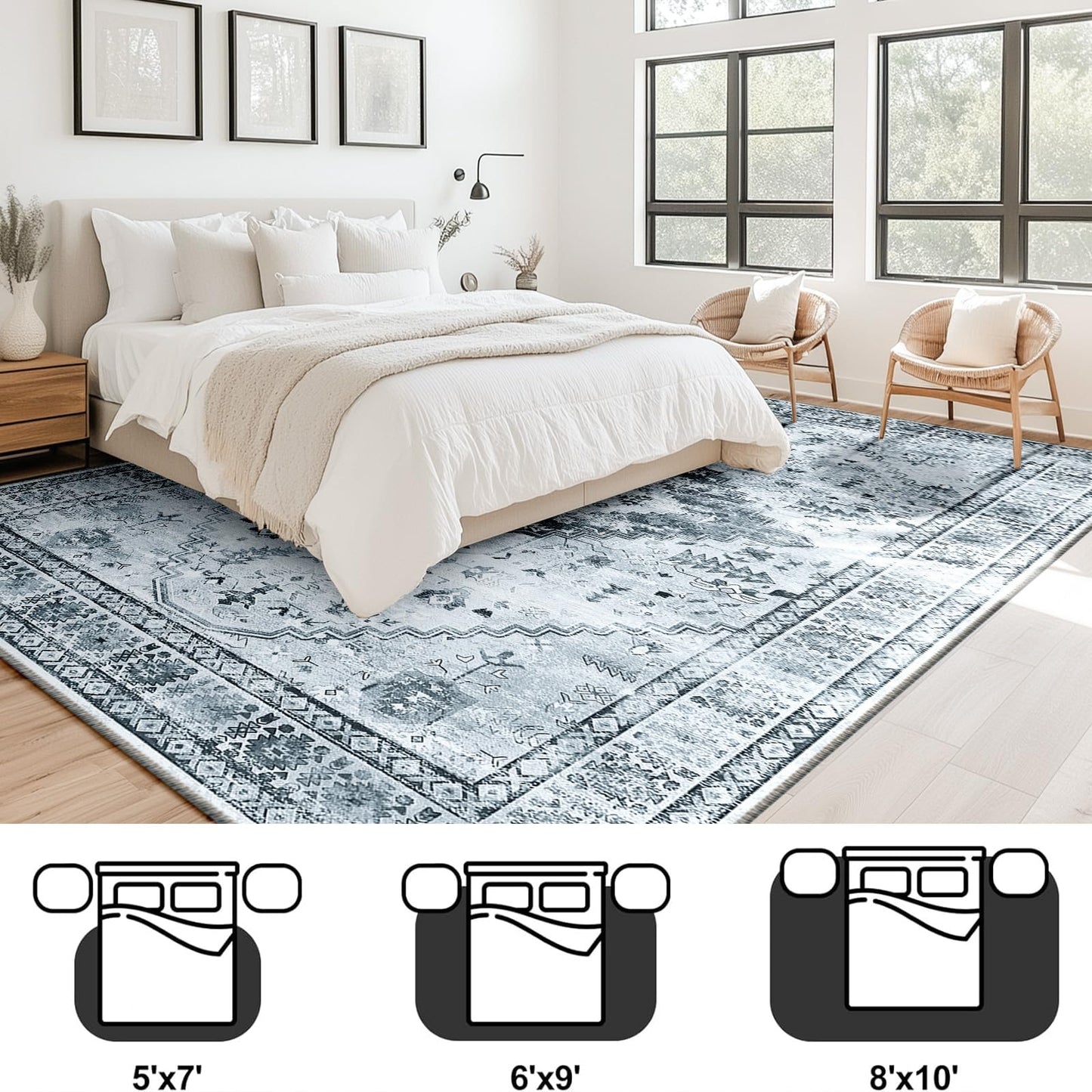 BESTSWEETIE 8x10 Area Rug for Living Room Washable Rugs No Pile Carpet for Entryway Bedroom Dinning Room Playroom Vintage Boho Carpet Print Distressed Non-Slip, 8 x 10 ft, Gray Black