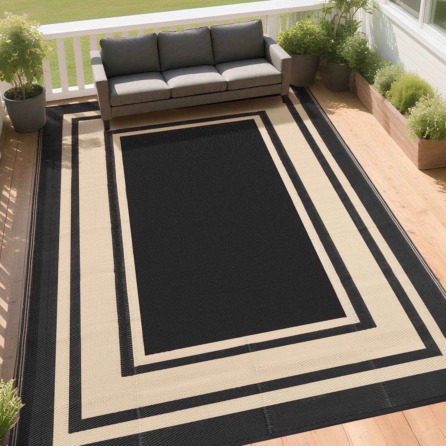 RURALITY Outdoor Rugs 5x8 Waterproof for Patios Clearance,Plastic Straw Mats for Backyard,Porch,Deck,Balcony,Reversible,Black and Beige