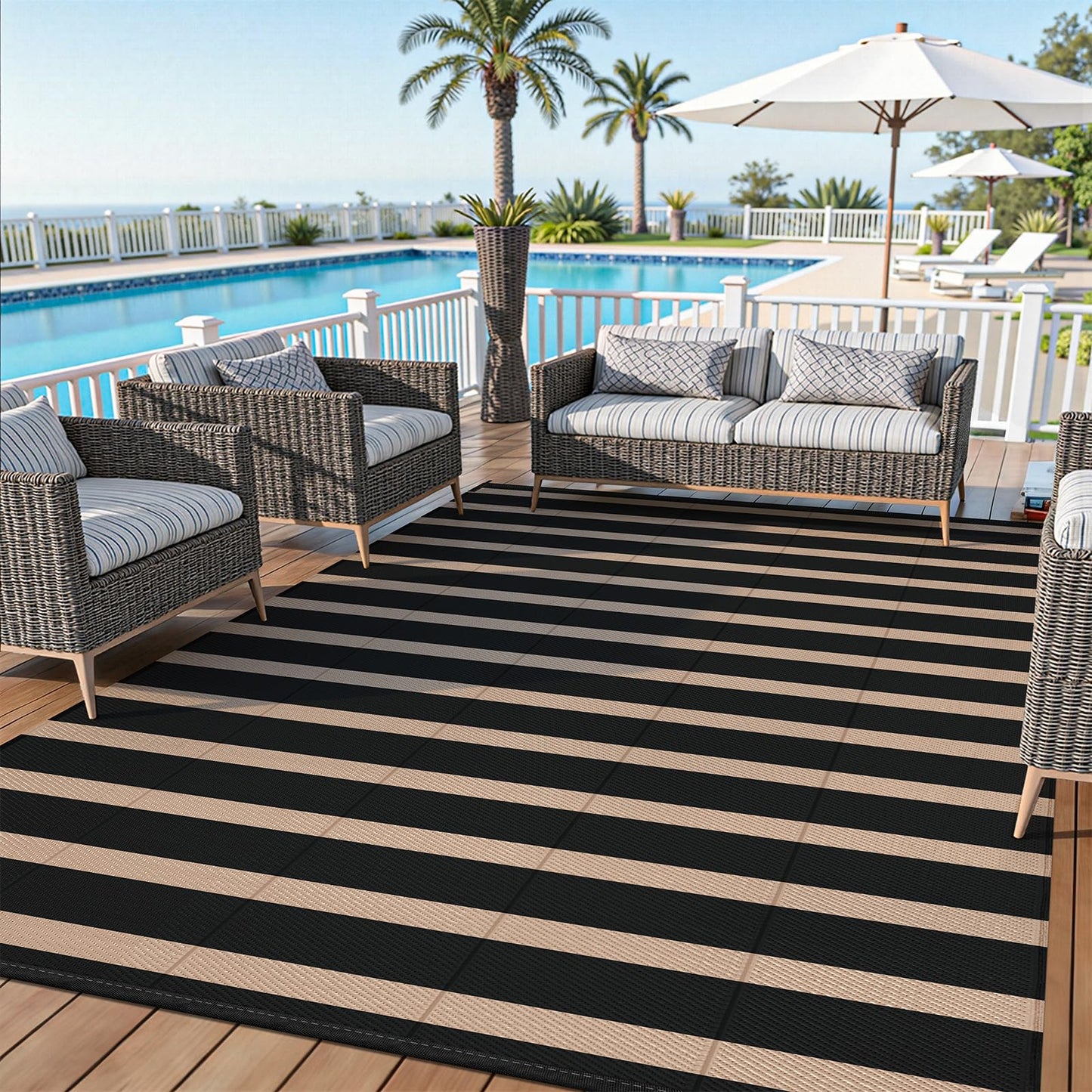 Vaukki Waterproof Outdoor Rug 5x8, Reversible Striped Patio Rug, Lightweight Plastic Straw Camping Mat, Indoor Outdoor RV Carpet for Outsides, Patio, Camping, Balcony, RV and Deck, Black and Beige