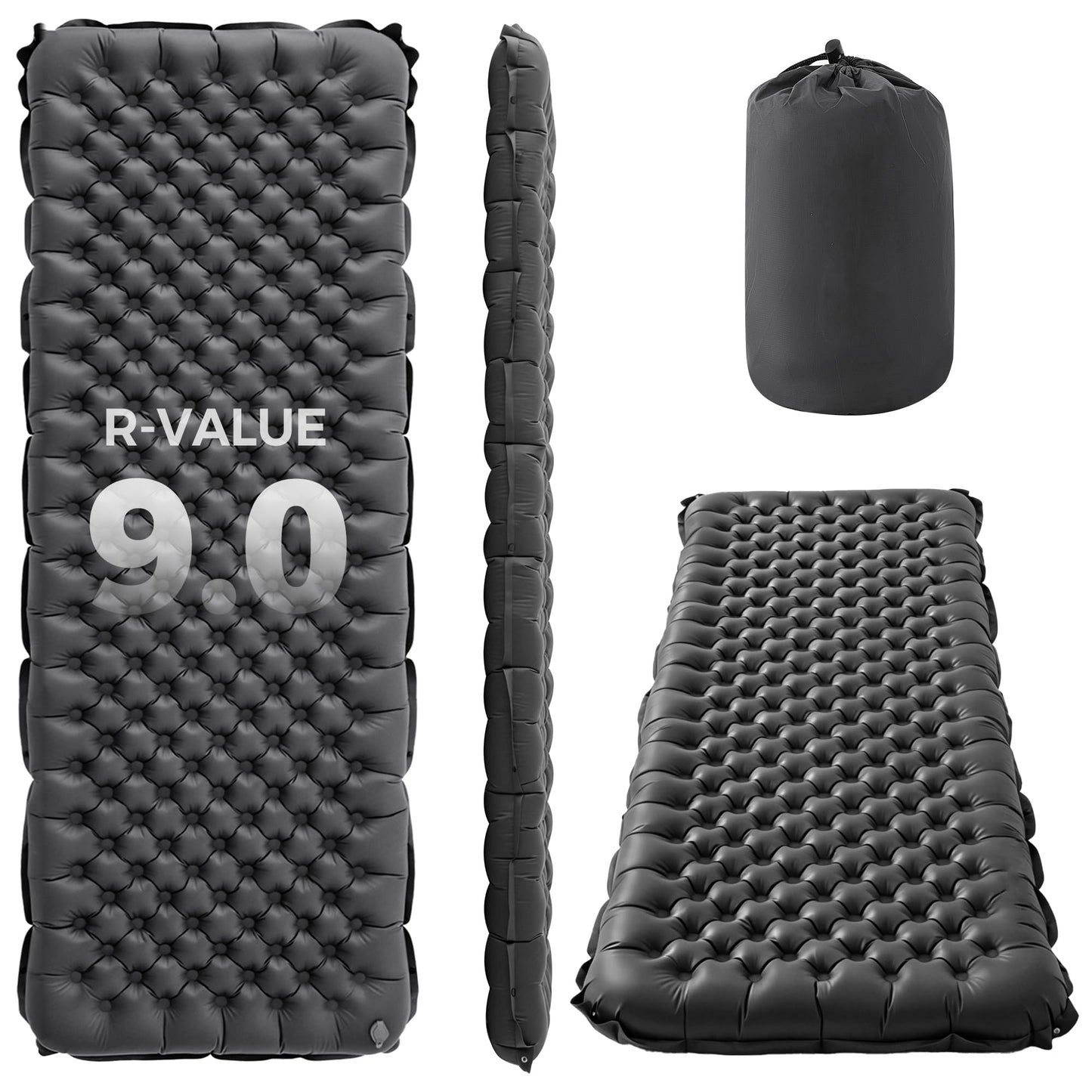 Asrug Camping Insulated Sleeping Pad with 9.0 R-Value for All Season Portable 4" Thick Camping Mattress Pad for Outdoor Hiking Tent Ultralight Backpacking Inflatable Sleeping Mat(Gray)
