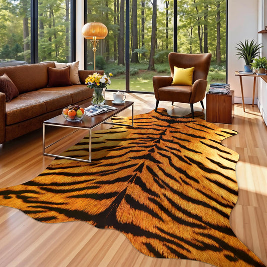 AROGAN Premium Tiger Print Rug 4.6x5.2 Feet, Machine Washable Faux Fur Rug, Non-Slip Animal Print Hide Tiger Skin Area Rug for Bedroom Living Room Home Decor