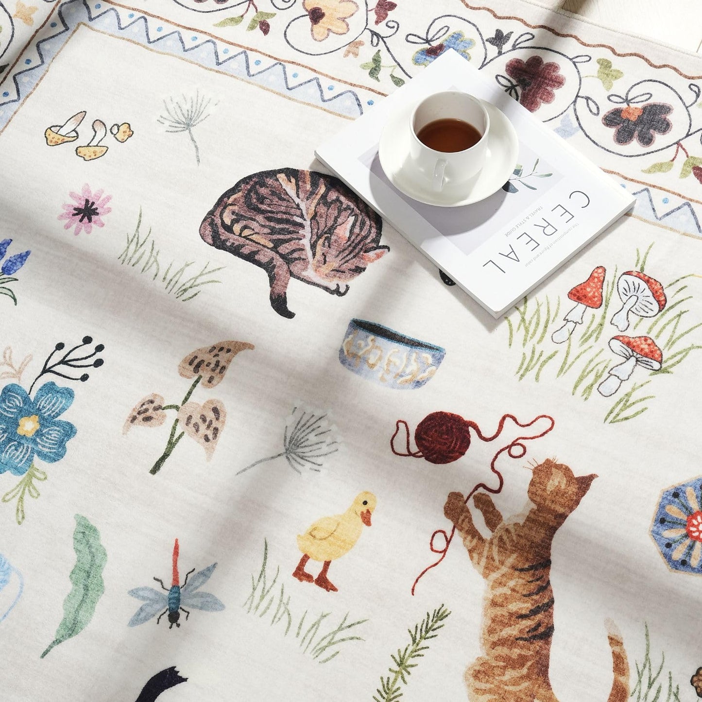 Rugcomf Runner Rug for Kitchen Non Slip 2'6''x8' Washable Rugs with Rubber Backing Soft Floral Animal Cat Carpet Runner for Kitchen Laundry Bedroom Bathroom, Beige