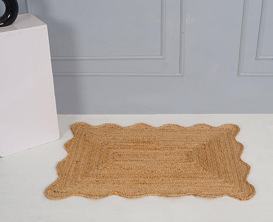 NAMASTE VINTAGE Natural Jute Area Rug, Scalloped Edge Rectangle, Handwoven Braided Design, Rustic Farmhouse Style, Indoor Floor Mat
