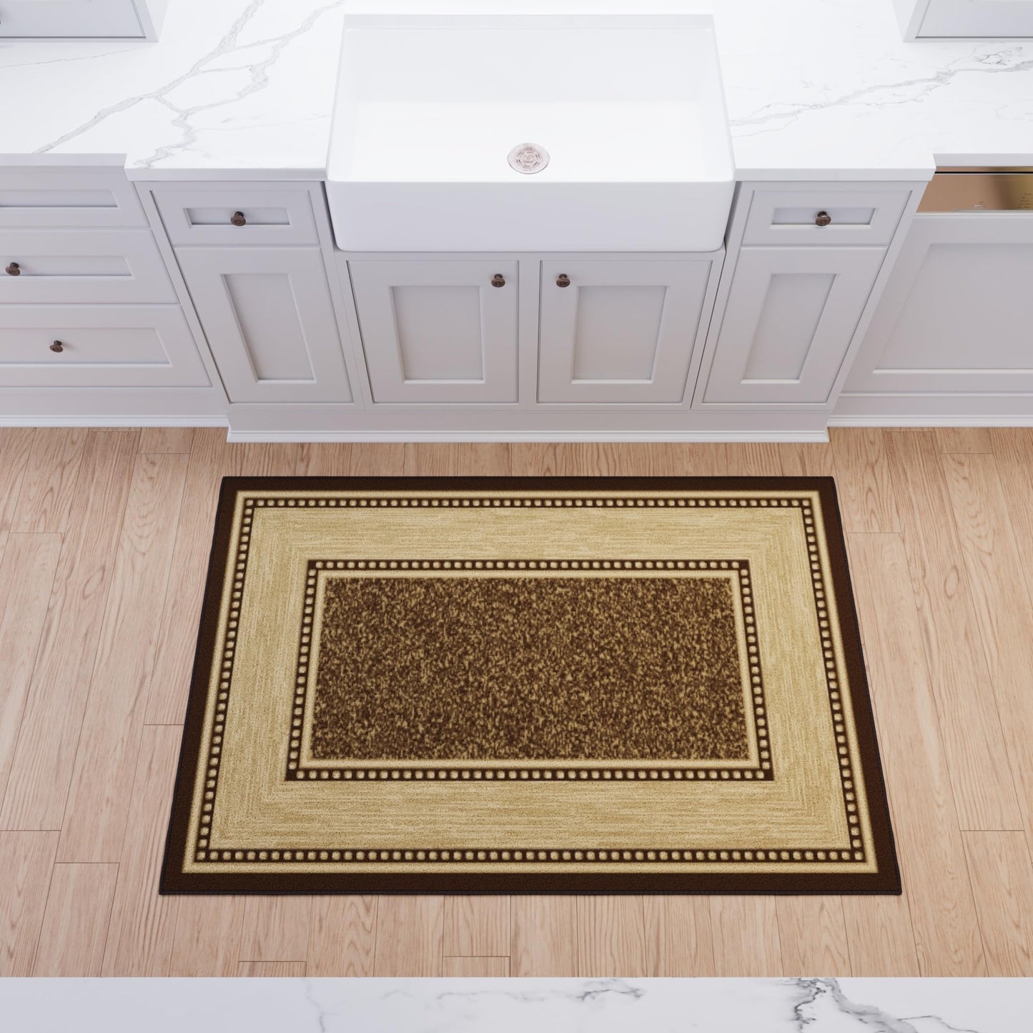 Ottomanson Area Rug 3'3" x 4'7" – Non Slip Rubber Backed Indoor Rug, Low Pile Accent Rug for Living Room, Bedroom, Entryway, Kitchen, Durable Floor Carpet, Border Brown