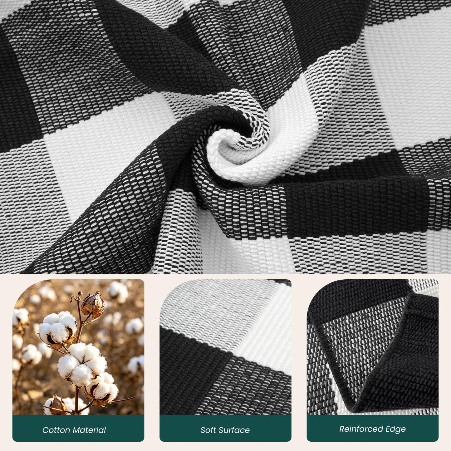 KOZYFLY Buffalo Plaid Area Rug 5x8 Living Room Rug Washable Cotton Black and White Checkered Rugs Outdoor Carpet for Dining Room Bedroom Farmhouse Patio Rugs