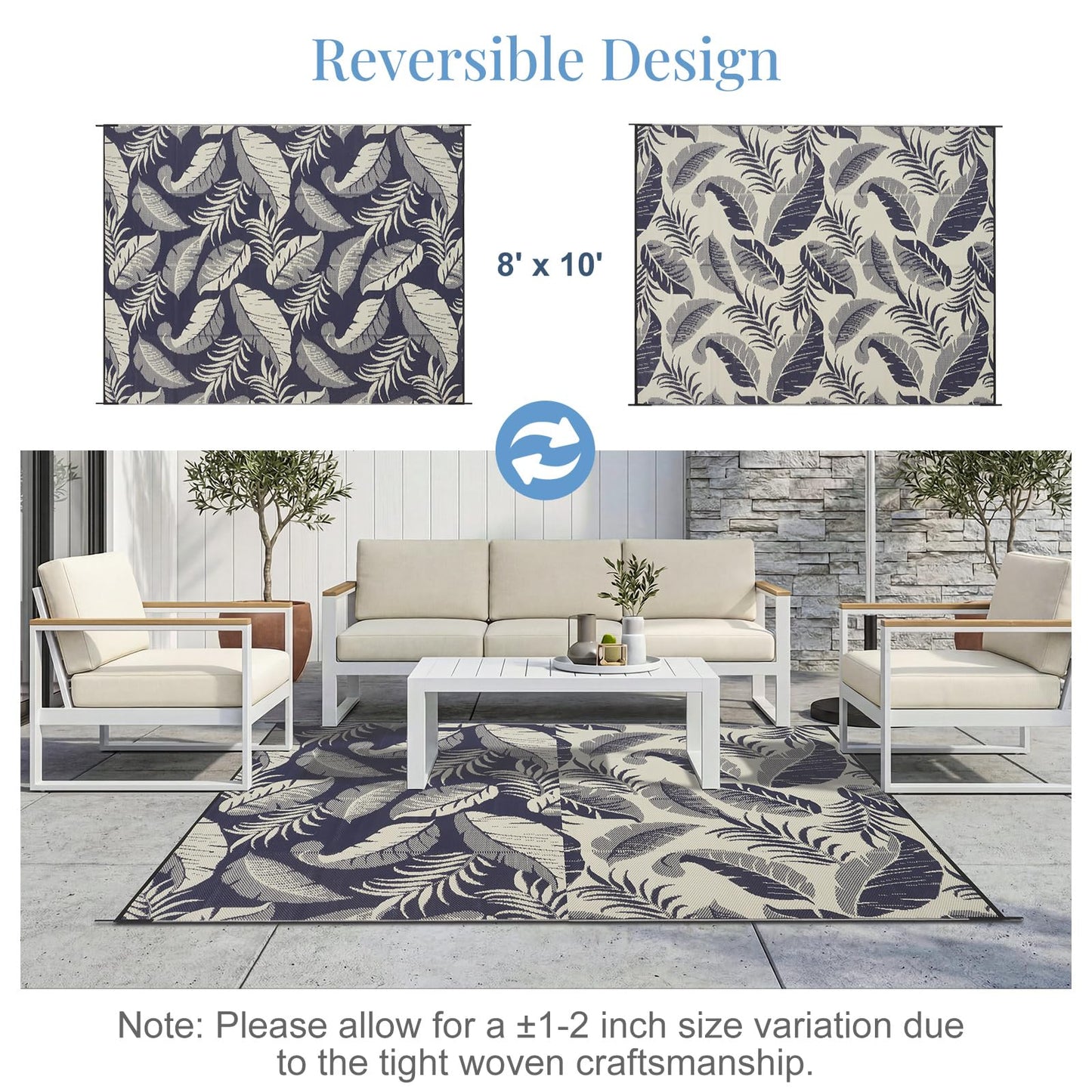 OPPODREAM Reversible Outdoor Rug 8x10, Waterproof Outdoor Plastic Straw Rug for Patio, Tropical Leaf RV Camping Rugs for Outside, Deck, Balcony, Porch, Backyard, Camping, Rv, Navy and Beige