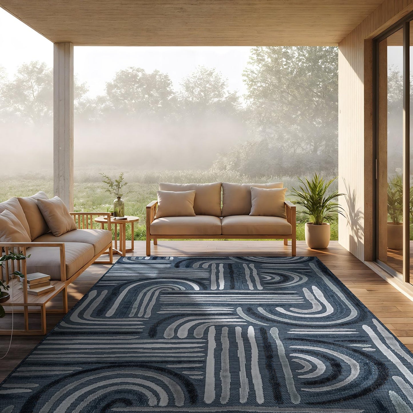 CAMILSON Indoor Outdoor Rug, Navy Blue 6x9 Geometric Arch Striped Area Rugs for Patio and Home Areas, Easy-Cleaning Non-Shedding Living Room, Garden and Deck Washable Outside Carpet (6 x 9)