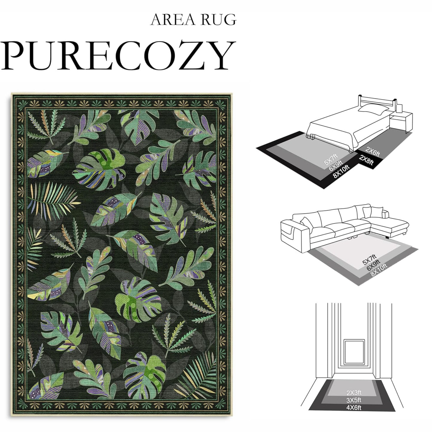 Monstera Rug 3x5 for Living Room Sage Green Leaf Area Rugs Machine Washable Tropical Botanical Rug Non Slip Printed Low Pile Indoor Floor Carpet for Kitchen Bathroom Bedroom,Green