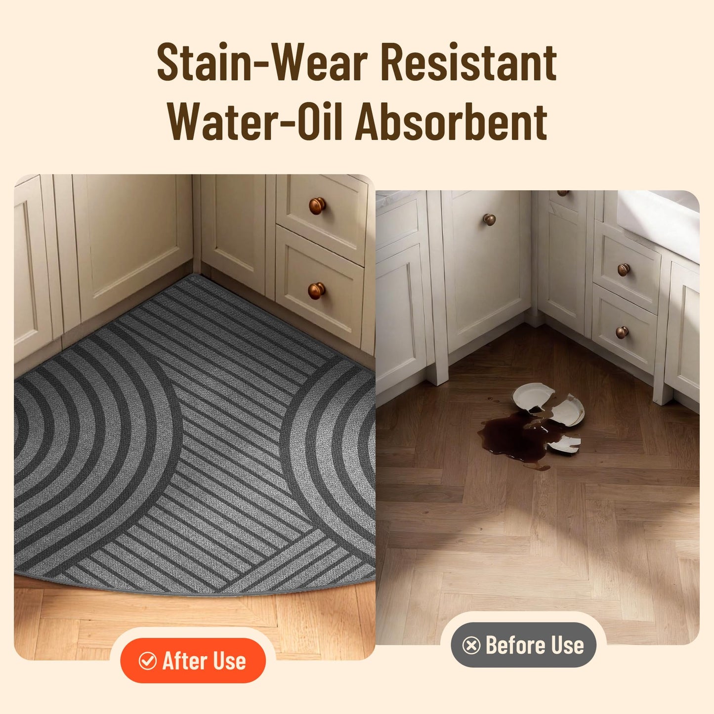 Carvapet Corner Kitchen Rug for Sink Area, Non Slip Washable Absorbent Sector Floor Mat with Rubber Backing, Imitation Linen Braided Kitchen Carpet, Radius 47", Grey