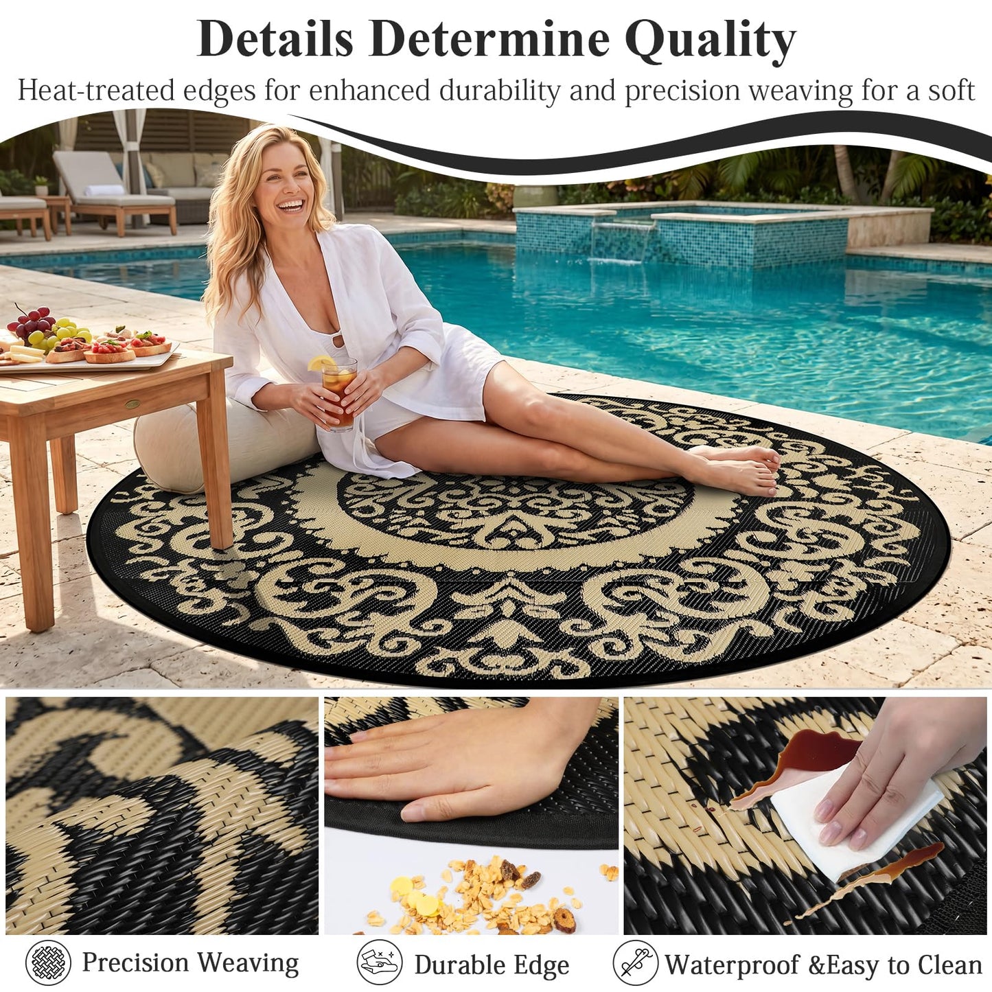 Homcomoda Round Outdoor Rugs for Patio 6ft Waterproof Clearance Reversible Patio Rugs Lightweight Outdoor Rugs Plastic Straw Rugs Portable RV Camping Rug Mat for Outdoor Porch Beach BBQ Beach Backyard