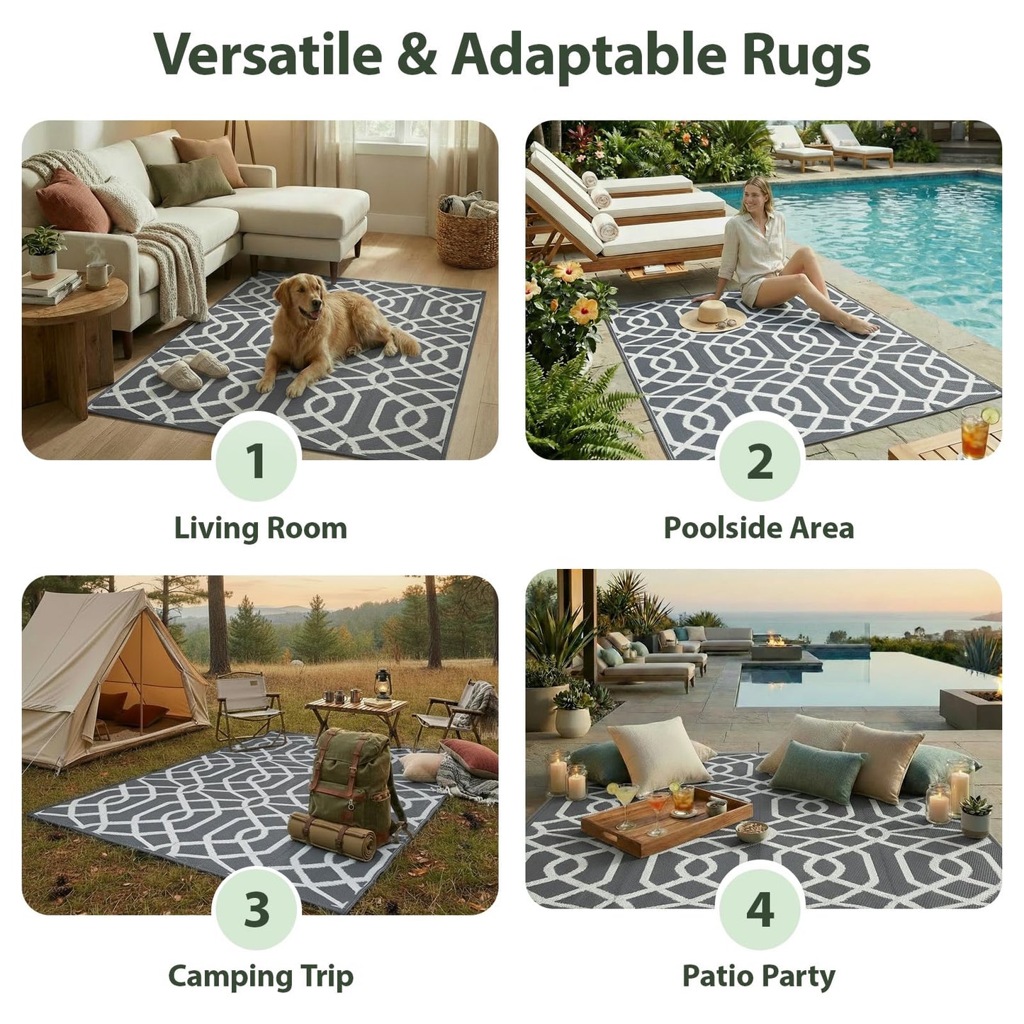 wikiwiki Outdoor Rug, 5x8ft Waterproof Reversible Mat Indoor Outdoor Rugs Carpet, Small Area Rug Plastic Straw Rug for Patio Deck Balcony Pool RV Camping Beach Picnic, Grey, Rugscape Series