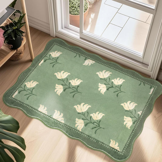 Albodanl Scalloped Floral Entryway Rug, 2x3 Soft Non-Slip Indoor Door Mat Ultra Thin Washable Kitchen Rugs, Sage Green Vintage Farmhouse Small Low-Pile Throw Rugs for Entrance Bathroom Bedroom