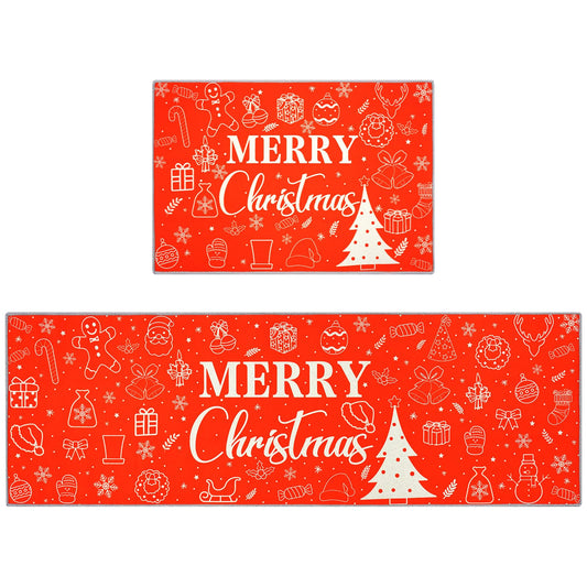 2 Pieces Red Merry Christmas Kitchen Rugs Set, Non Slip Kitchen Floor Mat with Xmas Tree Snowflake Decor Christmas Kitchen Mats Home Low-profile Washable Rugs for Kitchen Bathroom Sink Laundry