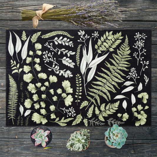 Estmy Black Botanical Rug, Ultra Thin Stain Resistant 5x7 Area Rug Washable, Vintage Natural Fern Eucalyptus Floral Accent Aesthetic Carpet for Bedroom Kitchen Living Room Entryway Indoor Rug