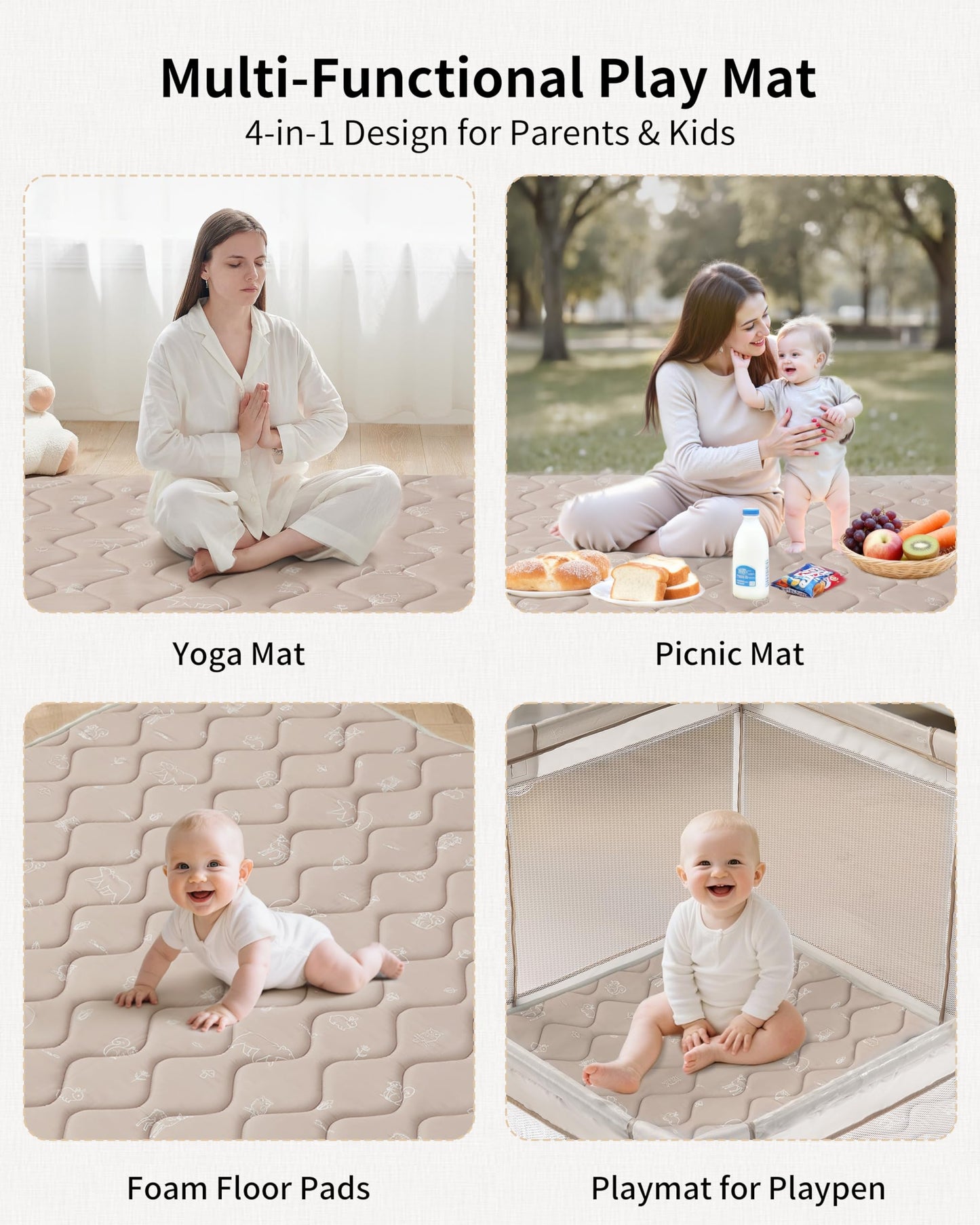 Fortella Extra Thick Baby Play Mat for 50" Playpen, 47"x47" Snug Fit Playpen Mat, Machine Washable Foam Play Mat for Floor - Portable, Non-Slip Tummy Time & Crawling Mat for Babies Toddlers (Forest Taupe)