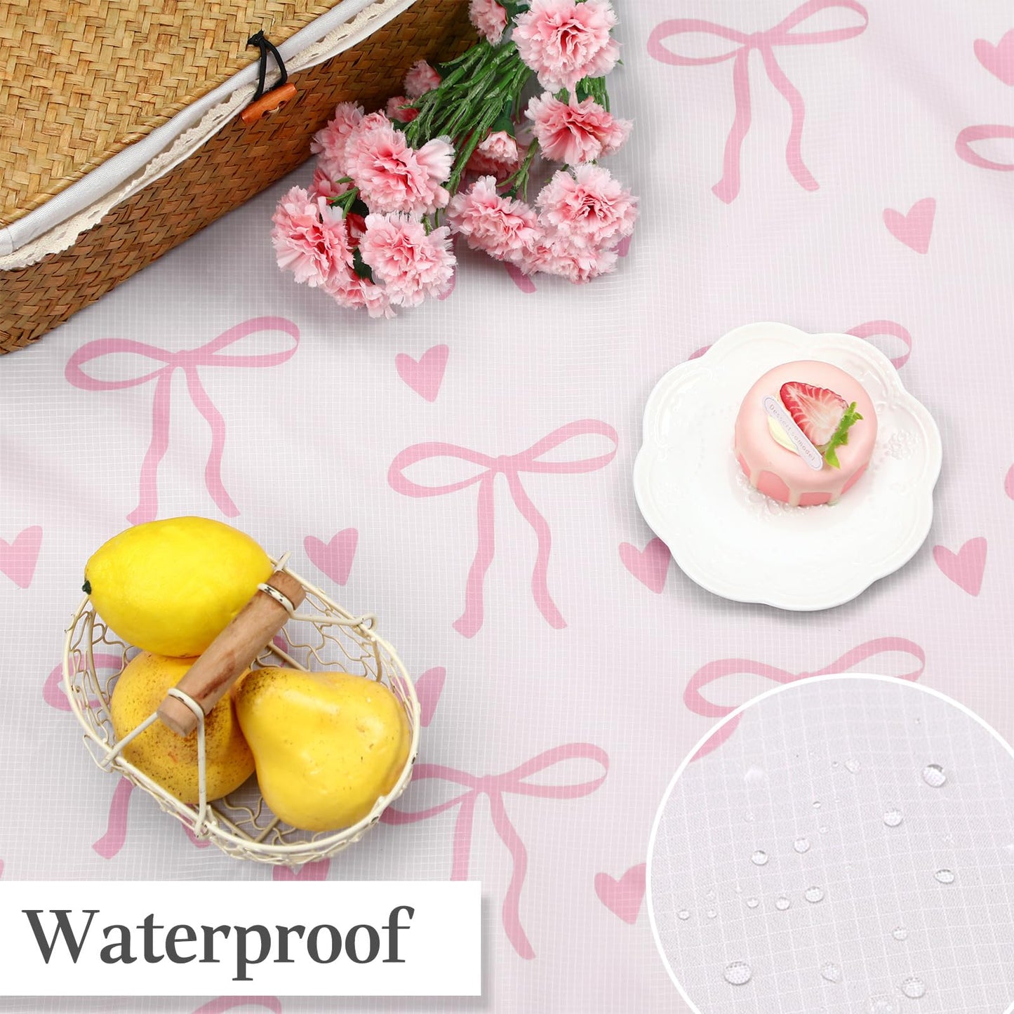 HunnmingRe Lightweight Pink Bow Pocket Picnic Blanket with Storage Bag 55 x 60inch Waterproof Cute Packable Sandproof Beach Mat Compact Washable Picnic Mat for Outdoor Hiking Camping Travel