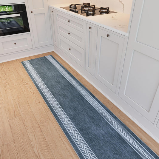 Ottomanson Kitchen Runner Rug 1'10.5" x 6' – Machine Washable Soft Non-Slip Rug, Quick Dry Low Pile Carpet for Kitchen, Bathroom & Entryway, Greek Border Greyish Blue