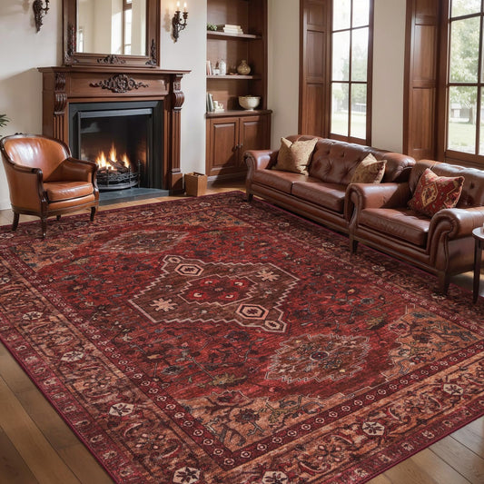 Tangsoo Red Boho 6x9 Area Rug Washable Rug for Living Room, Vintage Indoor Non Slip Large Area Rugs, Oriental Print Carpet, Soft Low Pile Foldable Floor Rug for Bedroom Dining Room Dorm Dark Red
