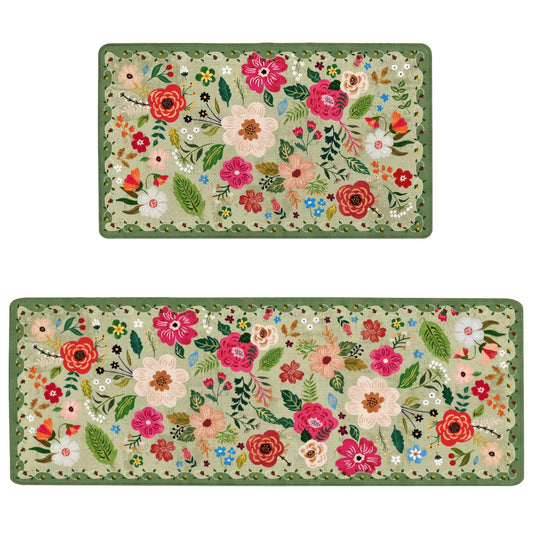Boho Floral Anti Fatigue kitchen Rugs and Mats Non Slip Comfort Washable Waterproof Floor Kitchen decor Mat, Modern Farmhouse Bohemian rug Set of 2 for Home, Sink, Laundry, 17.3"x47"+17.3"x30"