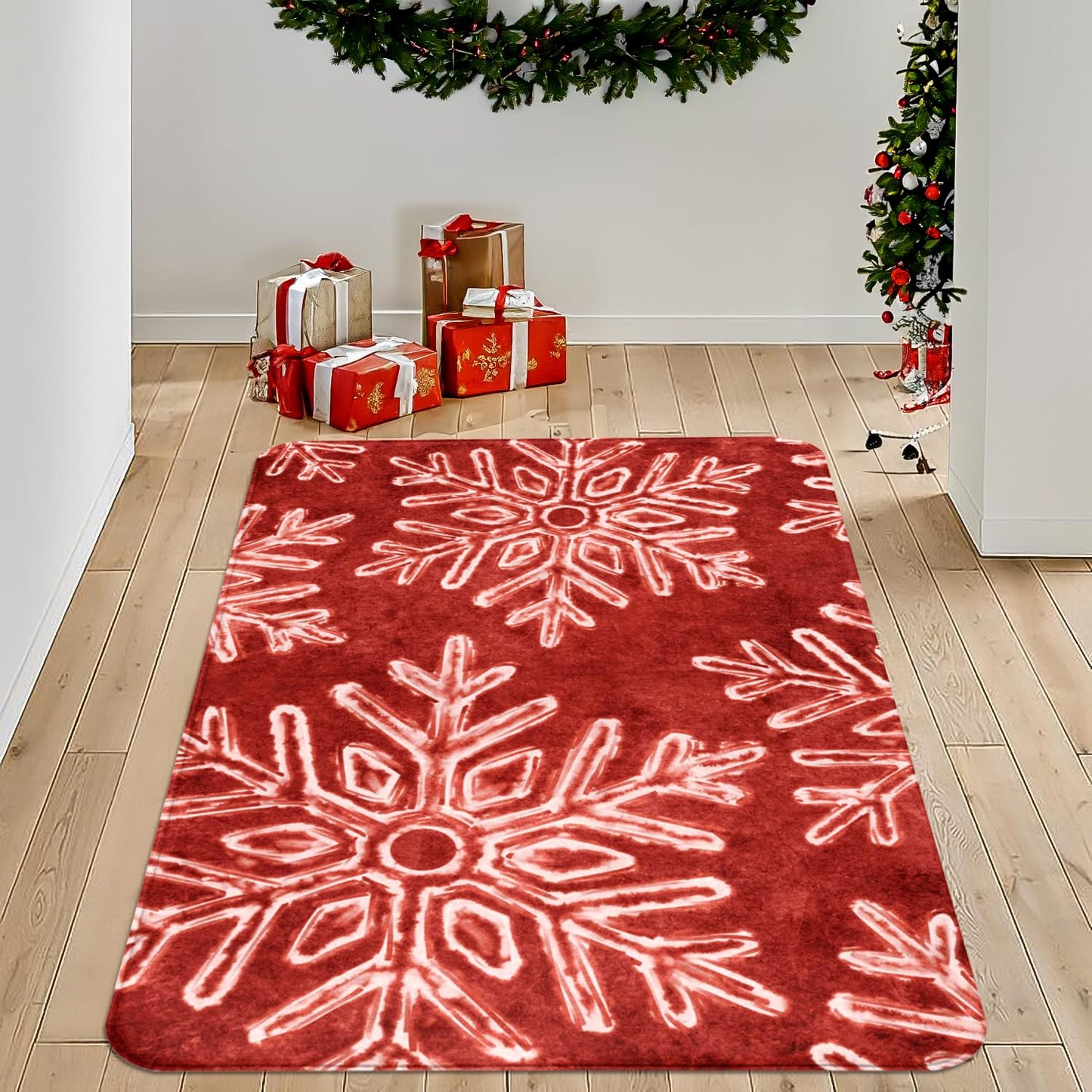 Christmas Area Rug Snowflake Winter Area Rugs Christmas Decorative Rug Xmas Throw Carpet Washable Non Slip Holiday Rug for Entryway Bedroom Living Room Laundry Room Indoor Red 3 x 5 FT