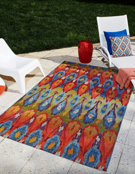Unique Loom Outdoor Modern Collection Area Rug - Ikat (10' x 14' 1" Rectangle Multi/Burgundy)