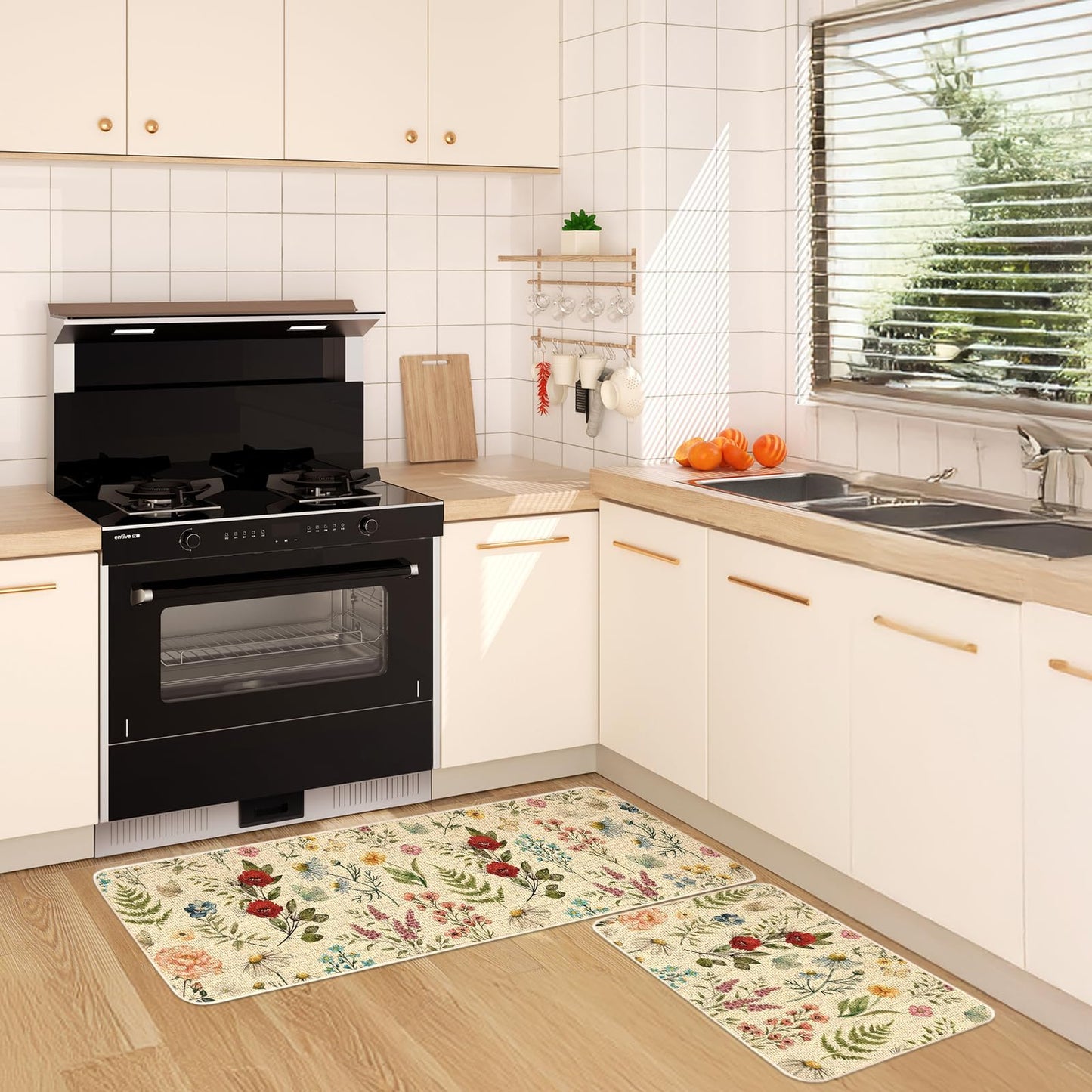Moutina Wildflower Floral Kitchen Rugs Set of 2, Spring Summer Home Decor Low-Profile Kitchen Mats for Floor - 17x29 and 17x47 Inch