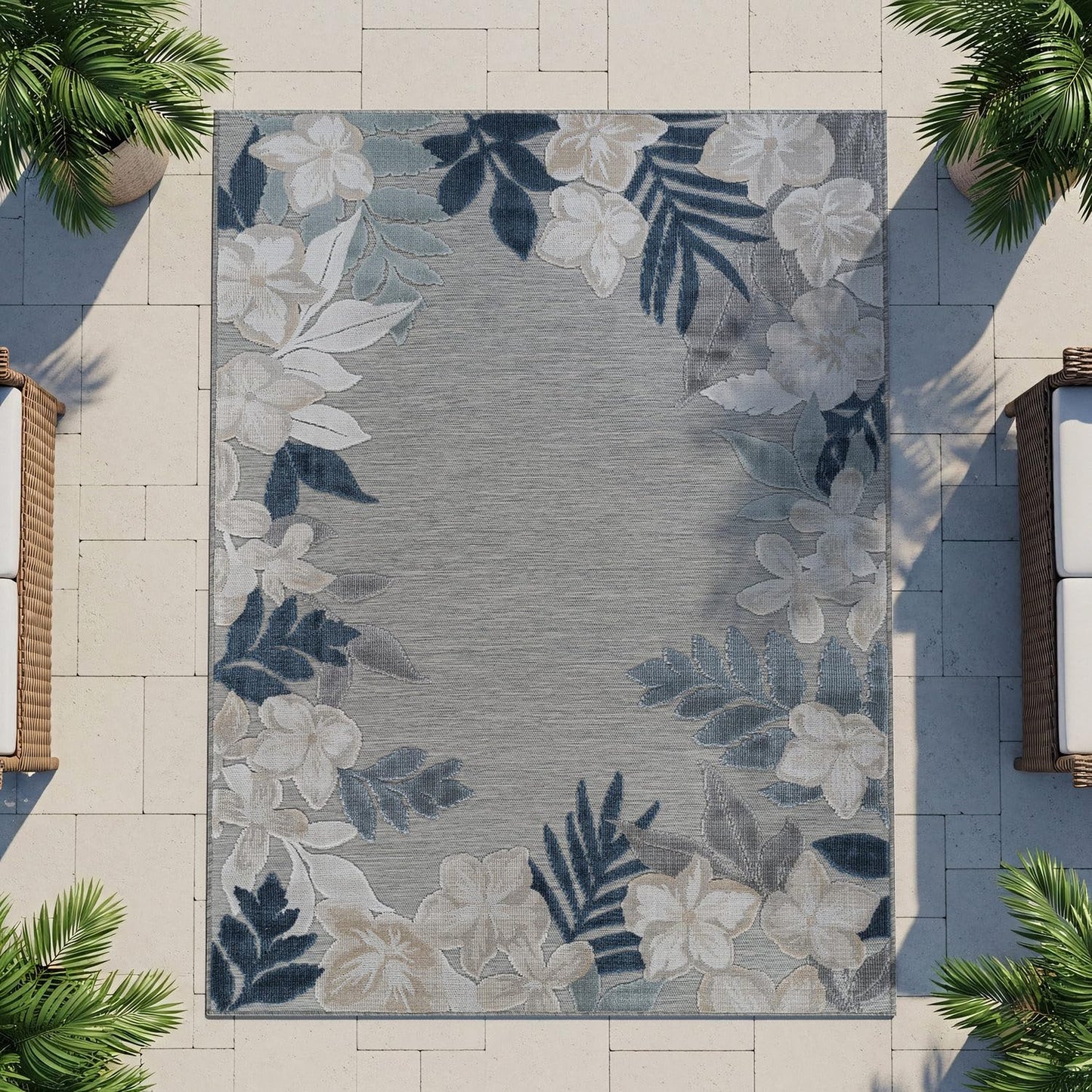 Outdoor Rug 5x7 Washable Area Rugs Indoor Outdoor Carpets Blue Border Floral Non Shedding Waterproof Easy Clean Patio Deck Porch Living Room Bedroom Garden RV (5 X 7 Blue)