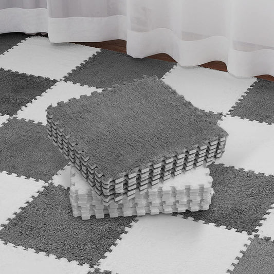 Nuanchu 32 Pcs Plush Foam Interlocking Floor Mat Climbing Area Rugs 11.8 x 11.8 Inch Square Soft Fluffy Tiles with Border Play Mat Flooring Tiles for Home Playroom Decoration (White, Gray)