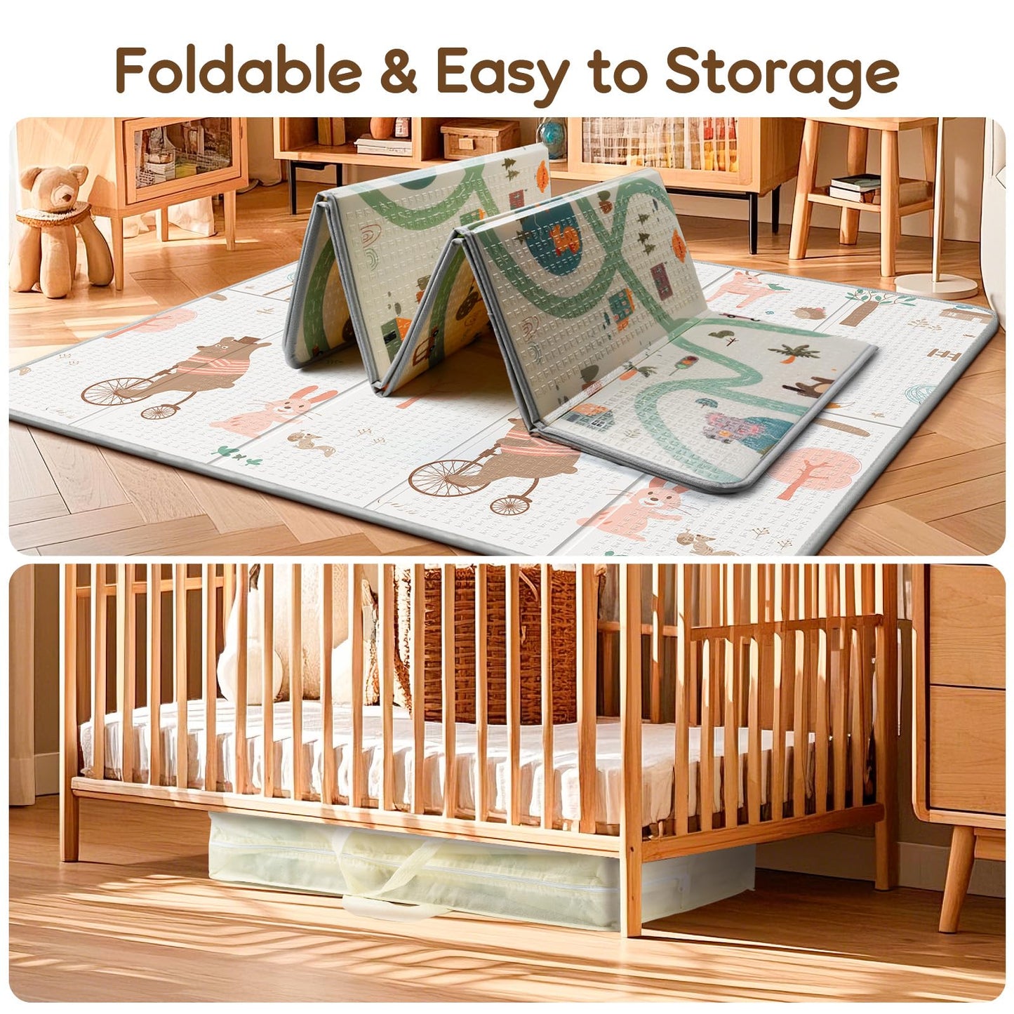 Foldable Baby Play Mat for Floor, PIGLOG 79x71 Extra Large Crawiling Play Mat for Babies, Waterproof & Portable Tummy Time and Non-Toxic Soft Foam Playmat for Infants, Toddlers, Bear