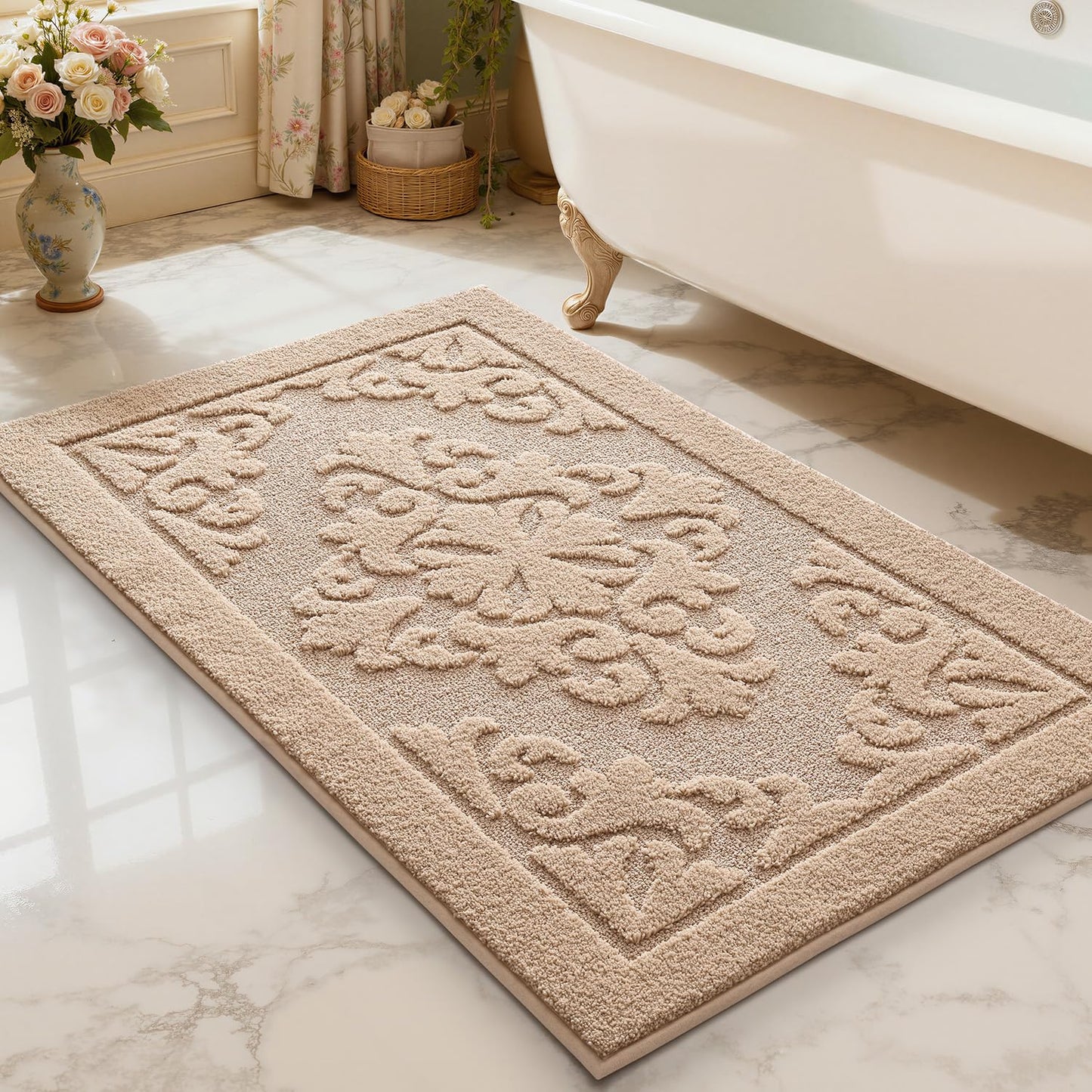 LUMI Ultra Absorbent Bathroom Rug Non Slip Rubber Backing, Machine Washable Bath Mat Soft Premium Microfiber, Elegant Floral Bath Rugs Quick Dry for Bathtub and Shower Floor, Decor, 24x36