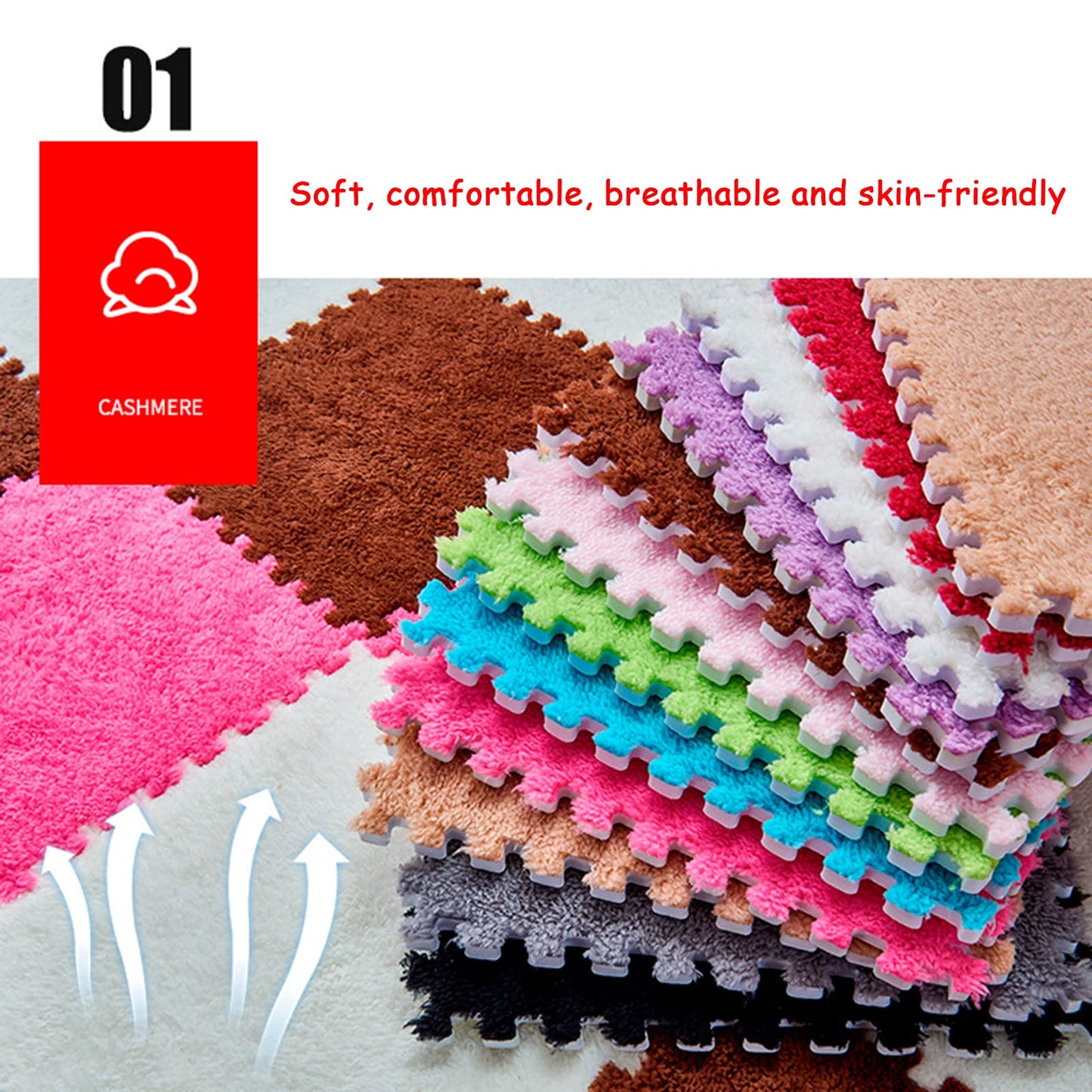 12 Pieces Thickened Plush Foam Interlocking Floor Mat,Fluffy Square Foam Tiles with 12 Edgings,Soft Anti-Slip Puzzle Area Rug Playmat for Bedroom,12X12inch,12 Tiles/11.6 Sq.Ft,Coffee+Camel+White