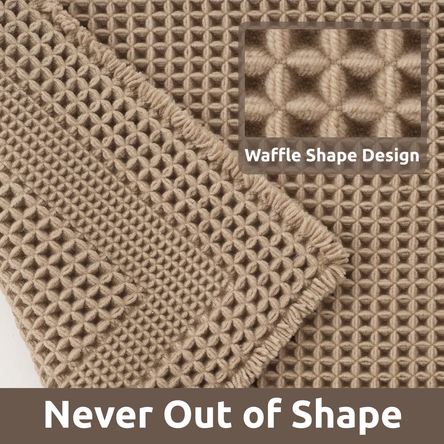 AMOAMI Waffle Bath-Mat, Absorbent Bath Mats for Bathroom Non Slip, Machine Washable Bathroom Rugs with Tassels Ultra Soft Boho Bath Rugs for Floor 18"x30" Beige