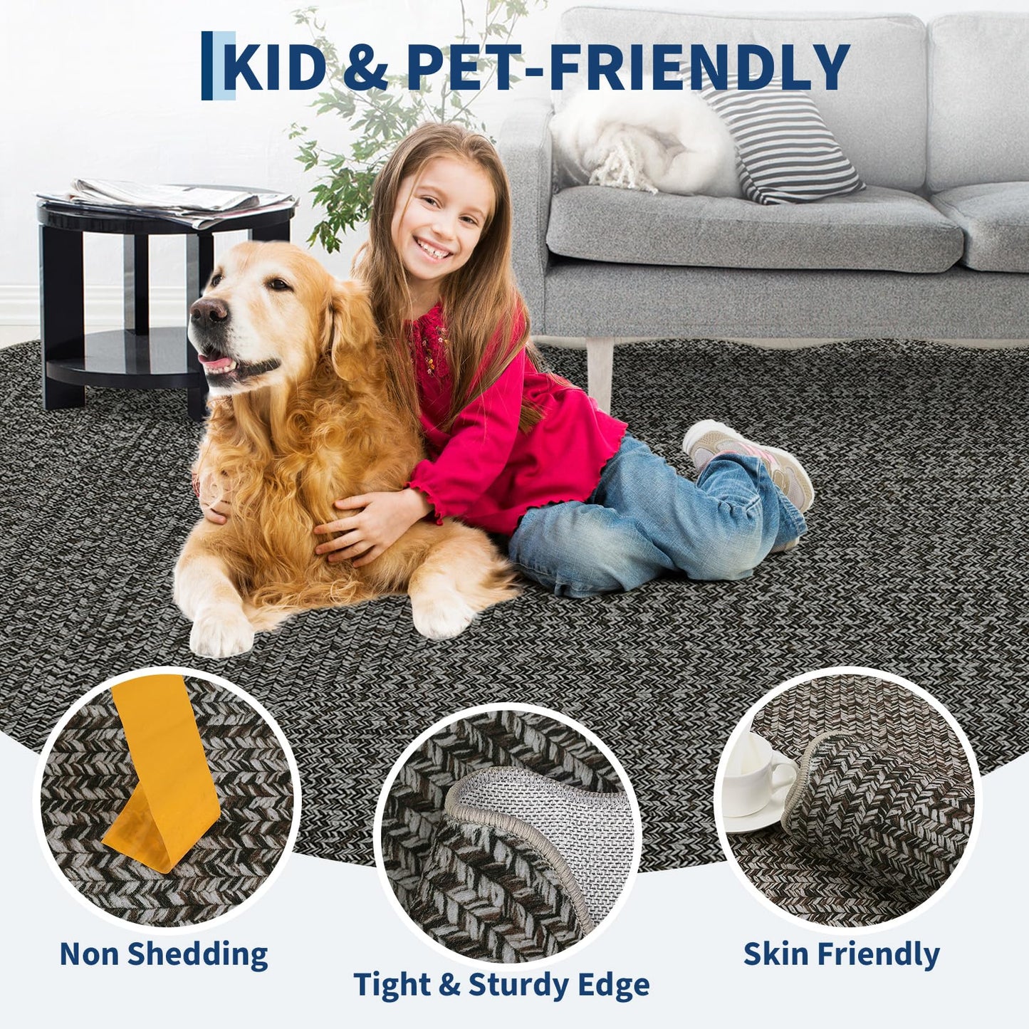 GAOMON Area Rug 4x6 Entryway Rugs Washable Rug Modern Braided Print Rugs for Living Room Non-Slip Non-Shedding Aesthetic Bedroom Carpet Farmhouse Home Office Foldable Thin Floor Mat Scalloped Grey