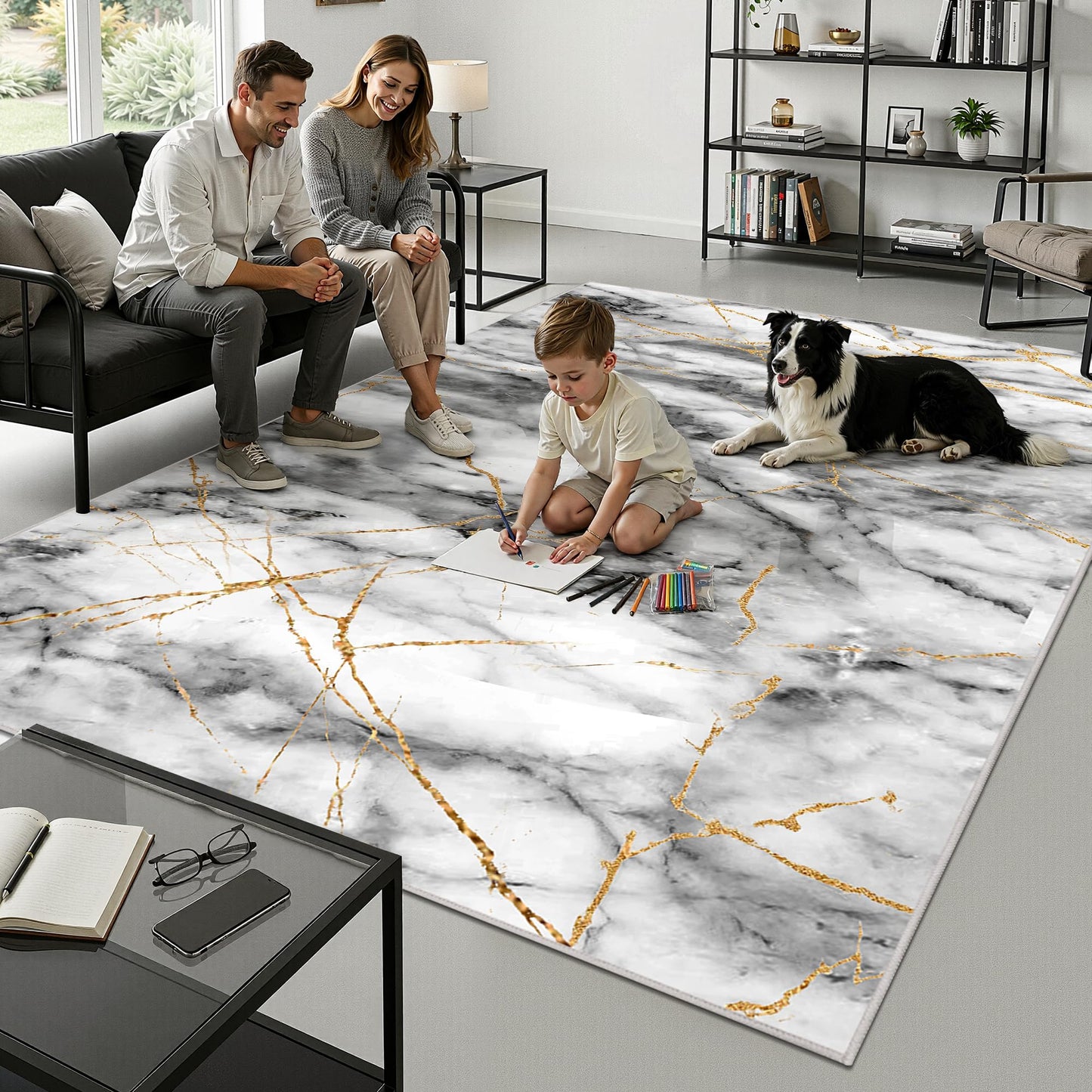 Merelax 6x9 Area Rug for Livingroom Bedroom - Washable Non-Slip Large Grey Rug, Indoor Floor Carpet Low Pile Soft Rug for Dining Room, Mudroom, Modern Aesthetic Abstract Geometric Decor, Gray&Gold