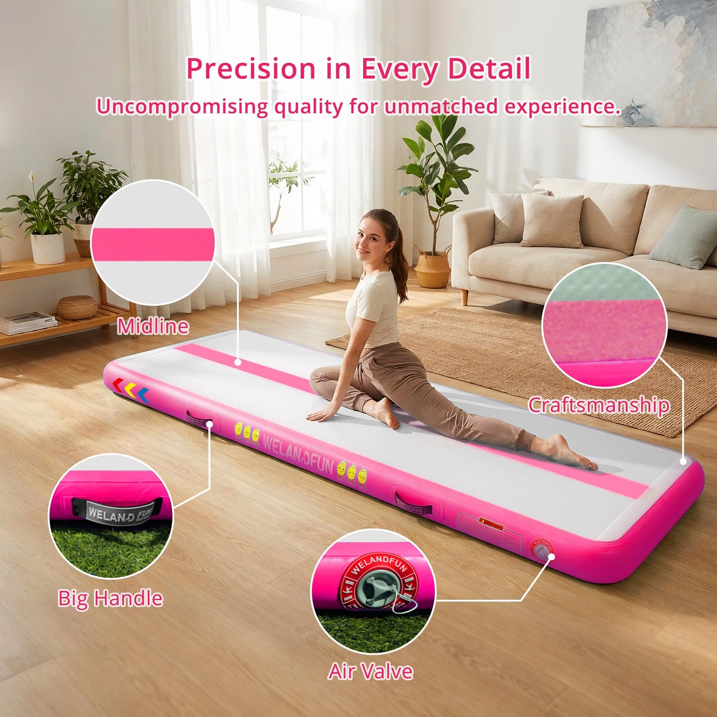 WELANDFUN Air Tumble Track Mat for Gymnastics | 4 / 6 / 8 inches Air Tumbling Mats, 6.56 / 10 / 13 / 16ft Inflatable Gymnastics Mat for Home Use, Training, Cheerleading, Water Yoga with Electric Air Pump (Pink, 10ft x 3.3ft x 6inch)