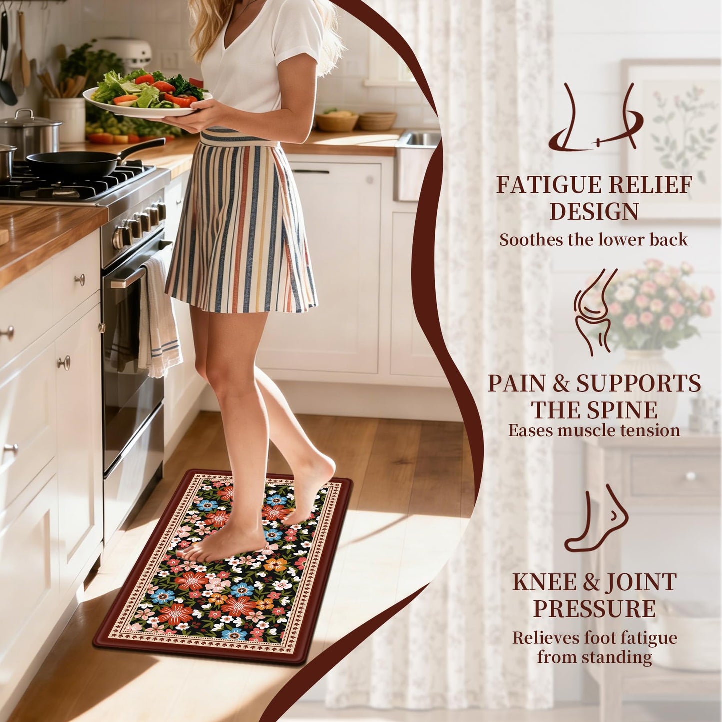 CHICNOOK Boho Vintage Floral Kitchen Rug Set of 3, Black Rustic Kitchen Mat