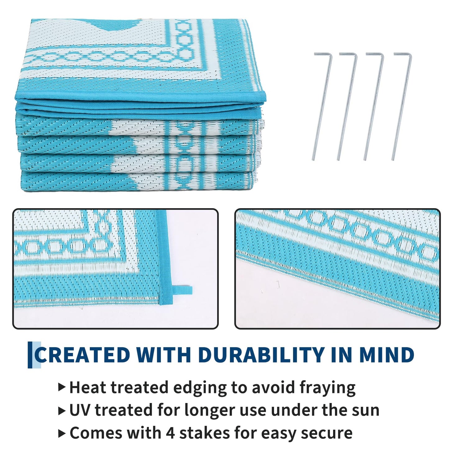 GarveeHome Outdoor Rug 8x10 Patio Waterproof, Reversible Plastic Straw Rugs for Camping, Picnic, Balcony, Porch, RV, Easy-Clean & Quick Dry Scalloped Pattern Large Indoor Outdoor Carpet, Light Blue
