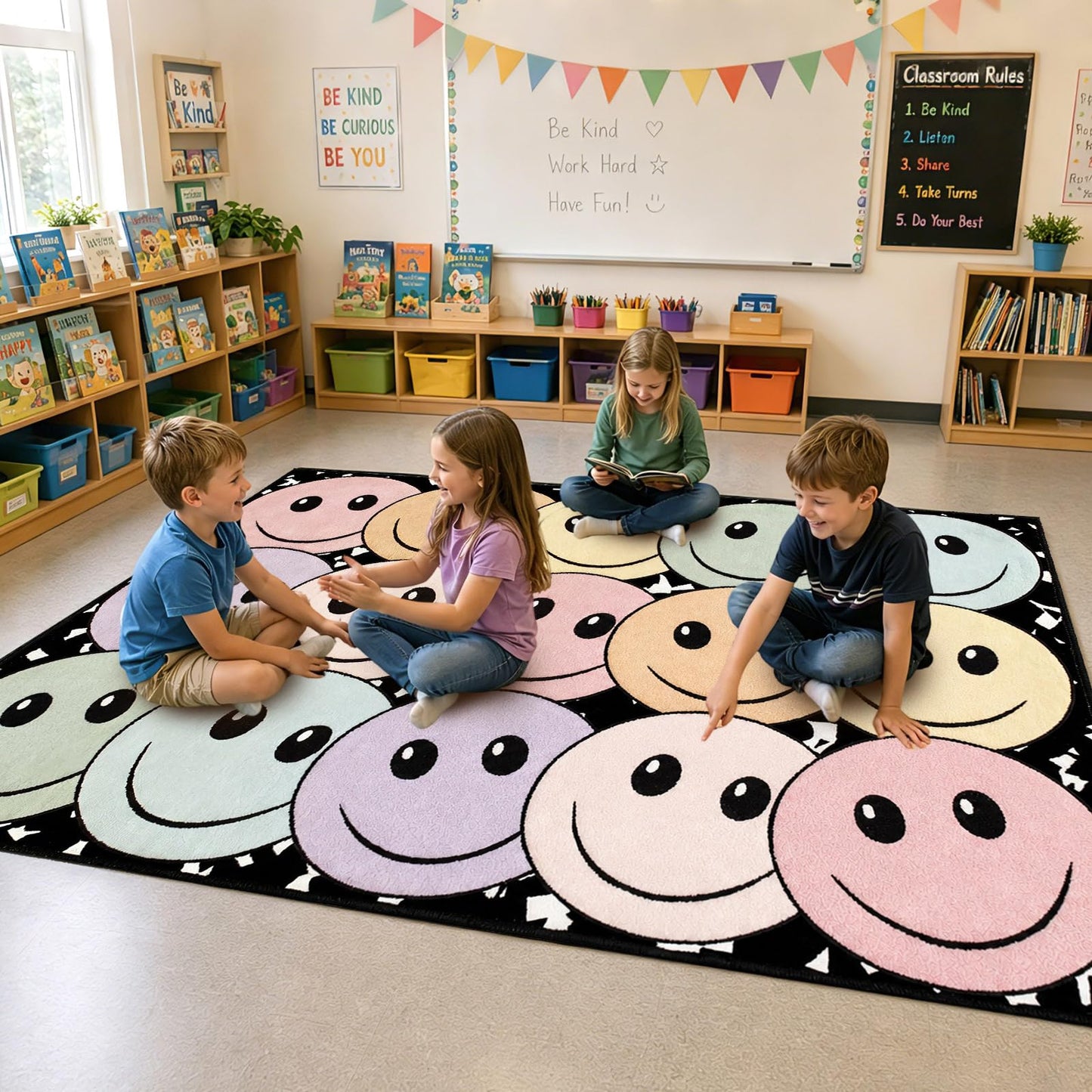 5' x 7' Composition Notebook Classroom Rug Pastel Smiley Face Seating Carpet for Kids, Washable Non-Slip Educational Area Rugs Large Soft Play Mat for Kindergarten Nursery Playroom Decor