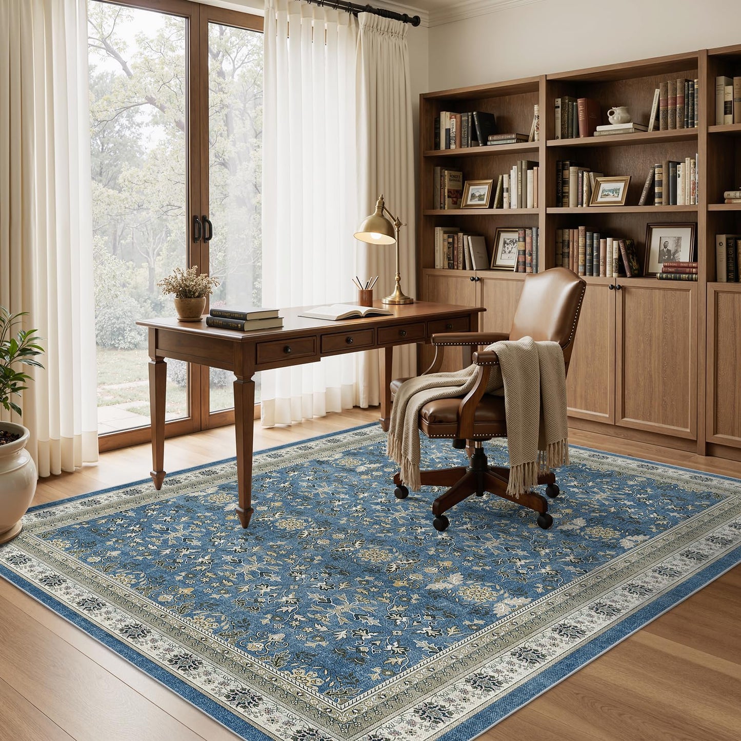 WITSHOCK Living Room Rug 8x10: Vintage Distressed Oushak Boho Farmhouse Retro Antique, Dining Room Rugs for Under Table, Bedroom Nursery Playroom, Ultra Soft Non-Slip Washable Stain Resistance, Blue