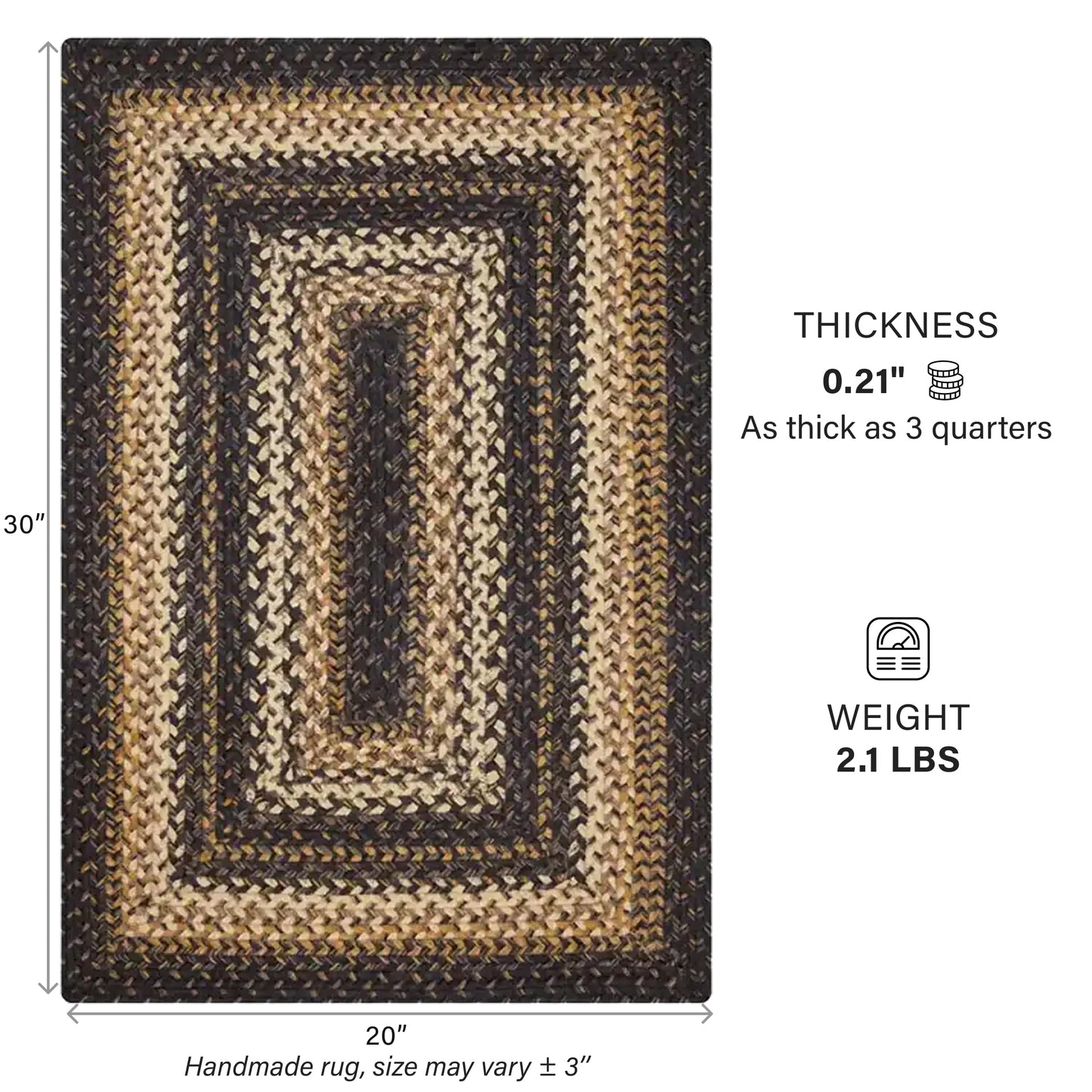 Homespice Kilimanjaro Braided Jute Rug 20x30 - Brown & Black Braided Rug for Kitchen for Primitive Decor, Durable, No Shed Jute for Easy Maintenance