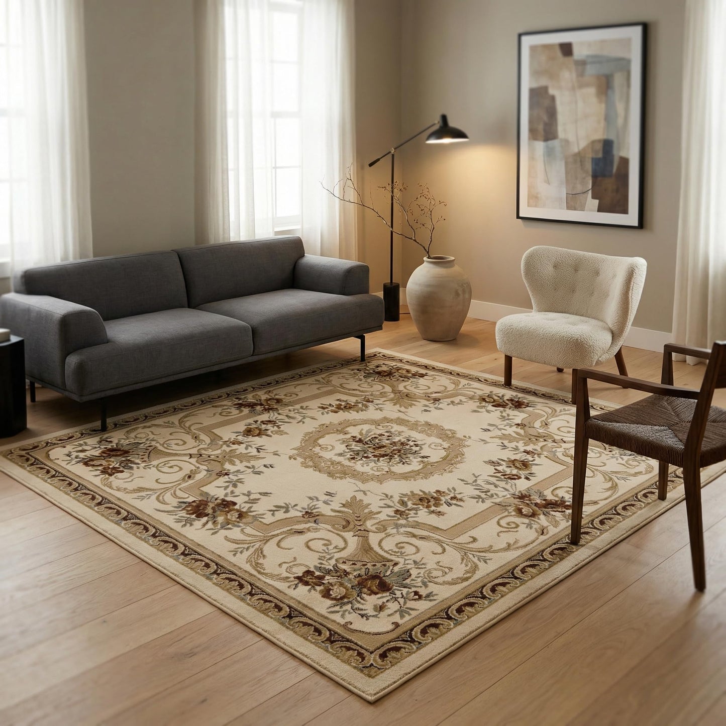 Unique Loom Versailles Collection Traditional Classic Floral Motif Area Rug (4' 0 x 4' 0 Square, Ivory/ Tan)